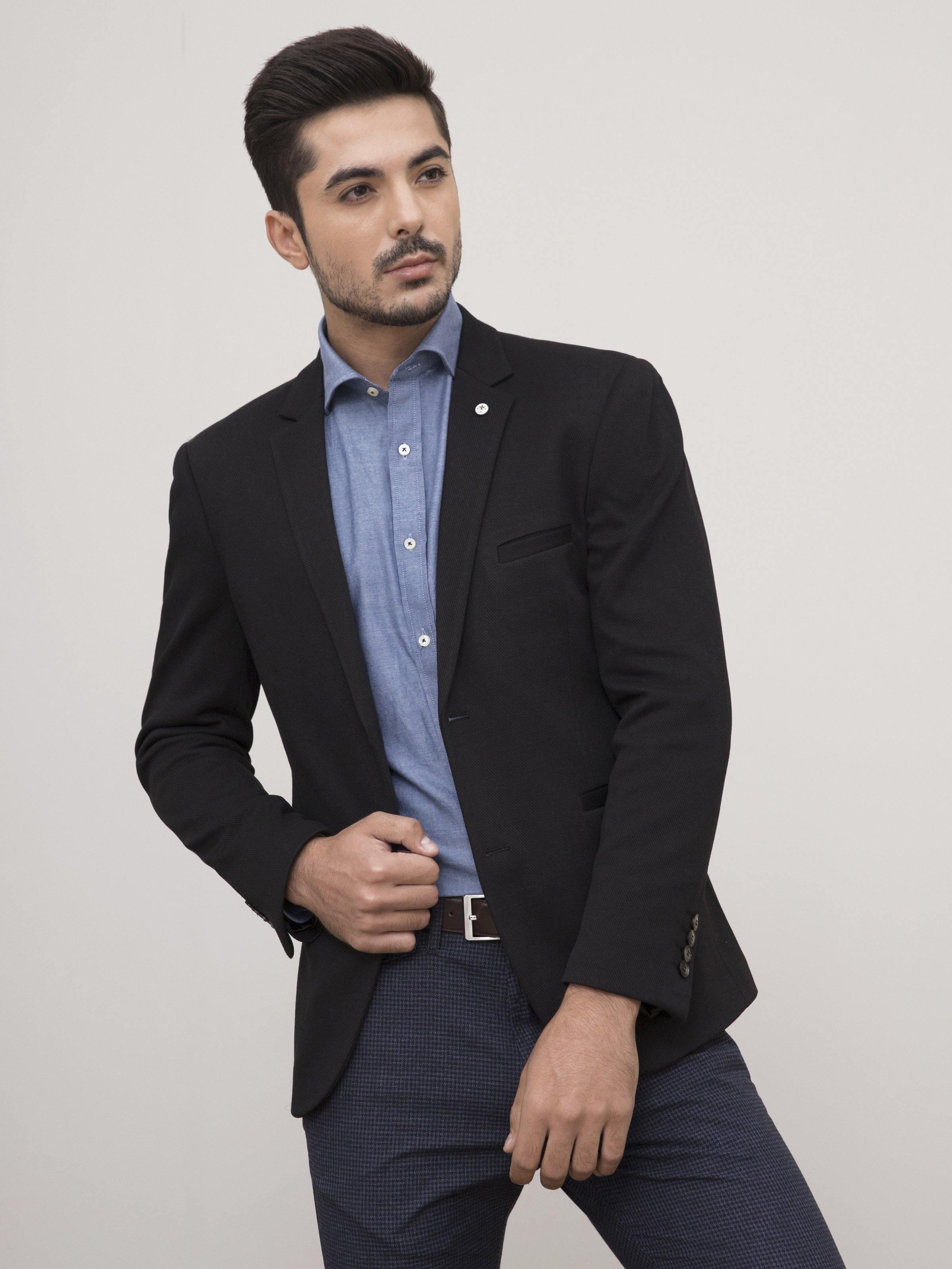 Black slim-fit coat with single-button cuffs and welt pocket on chest