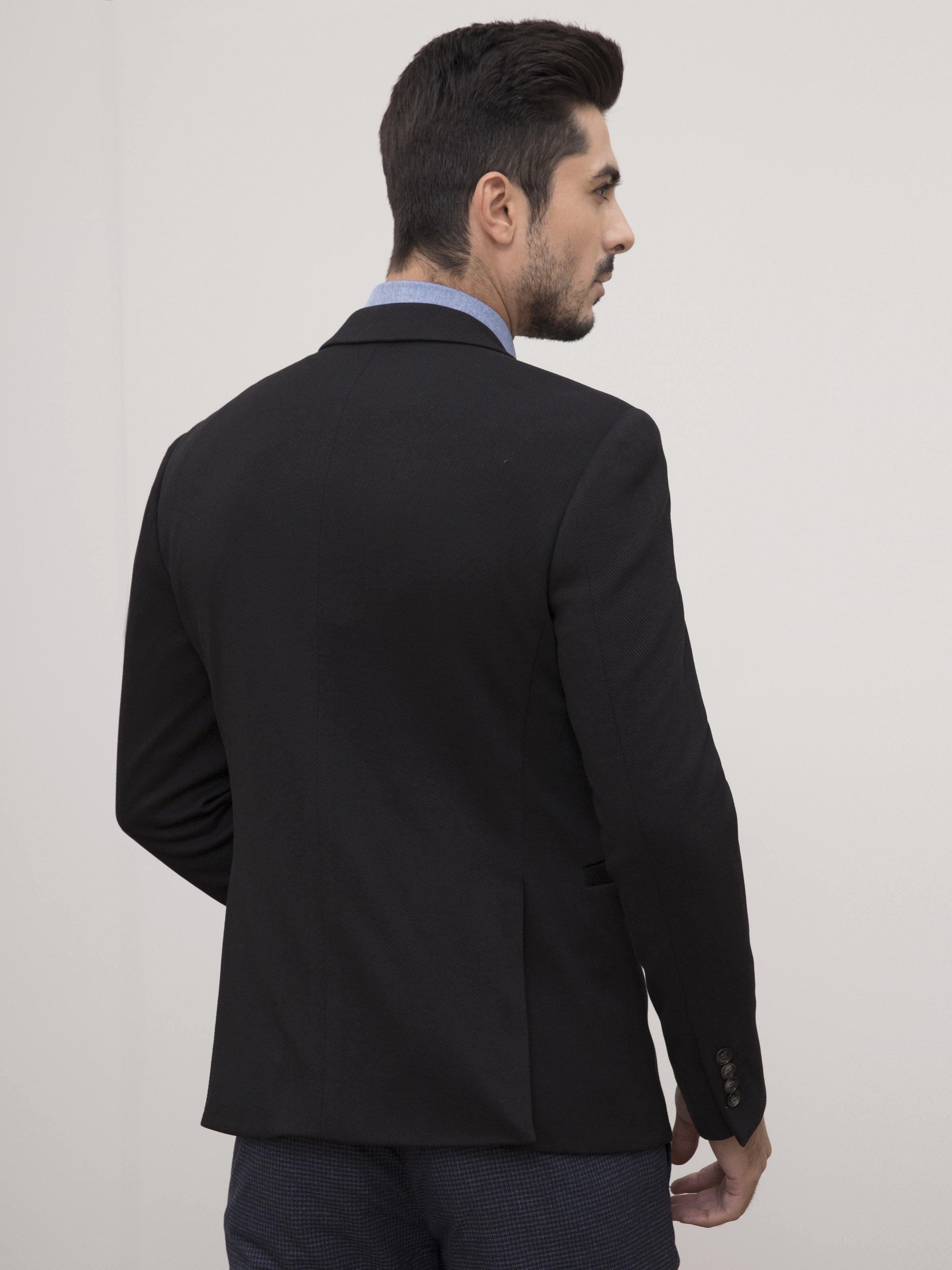 Black slim-fit coat, back view with high collar and long sleeves