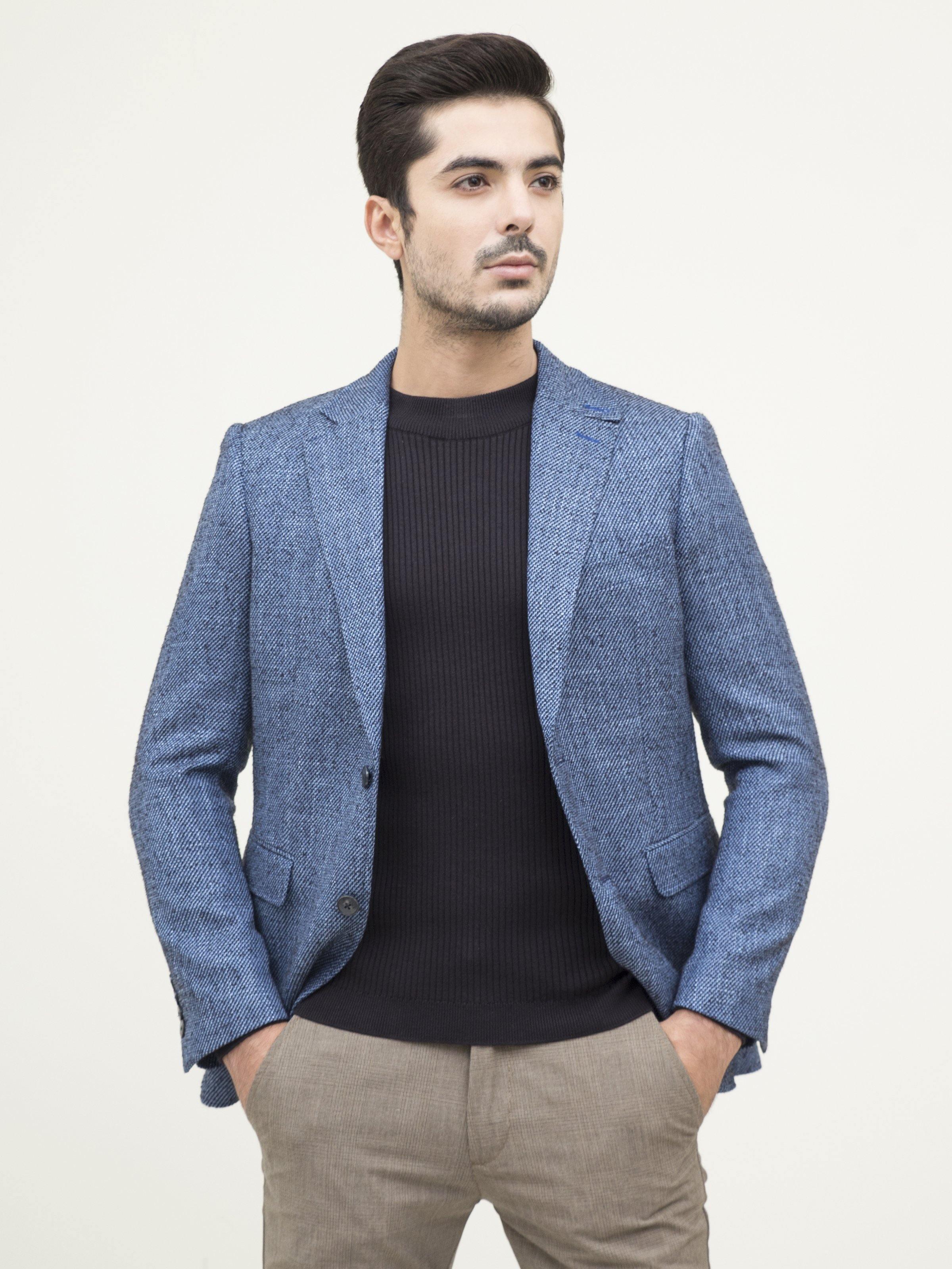 Blue casual slim-fit coat with notch lapels and buttoned front, worn open