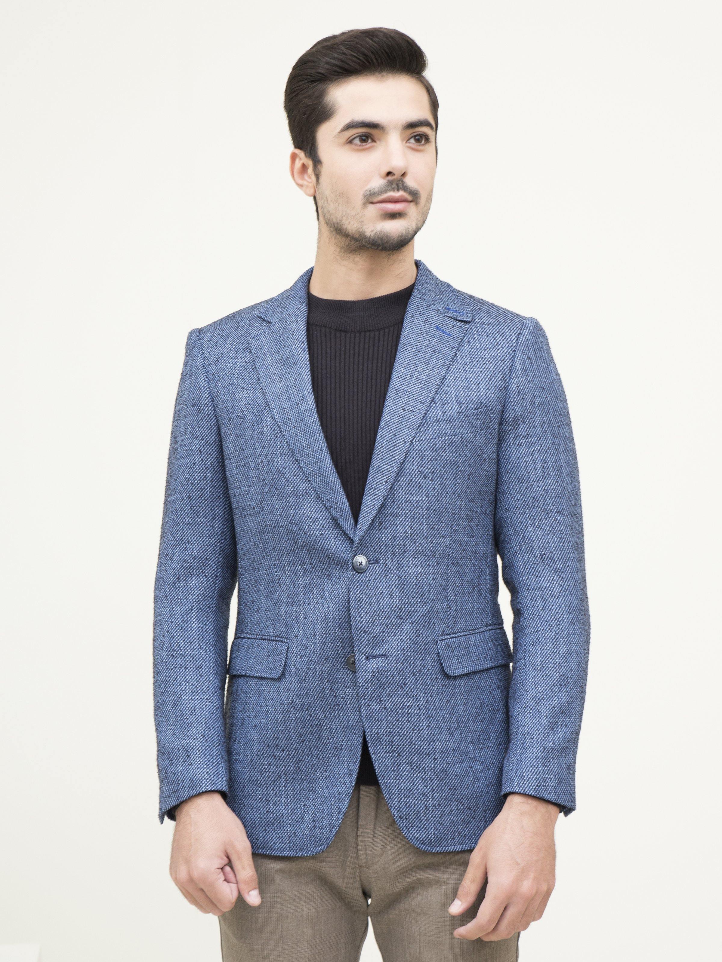 Blue casual slim-fit coat with notch lapels, button front, and flap pockets