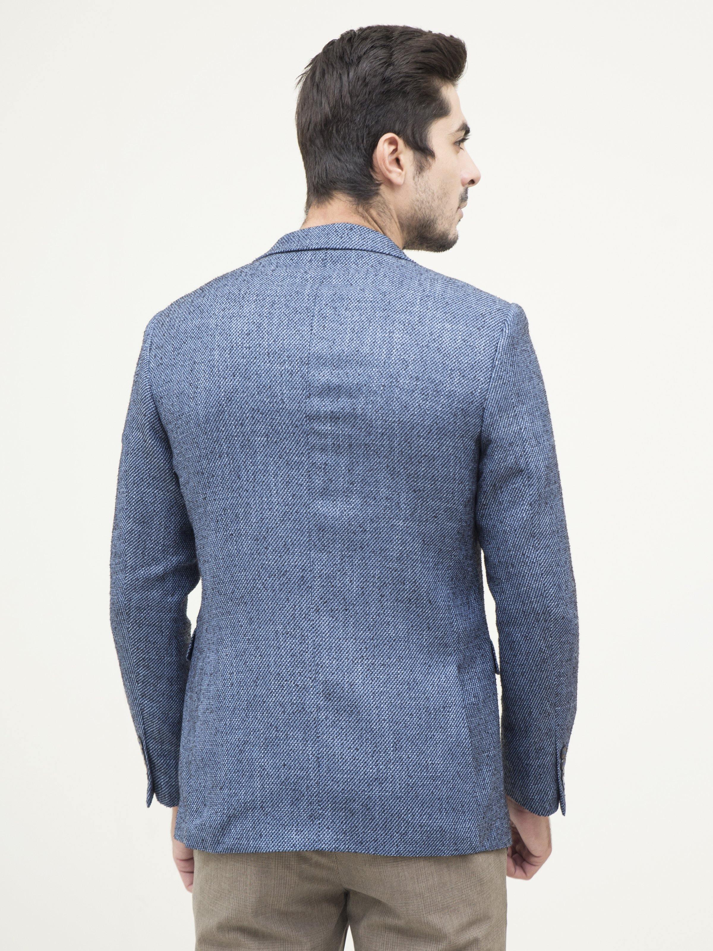 Blue casual slim-fit coat back view with tailored seams and curved hem
