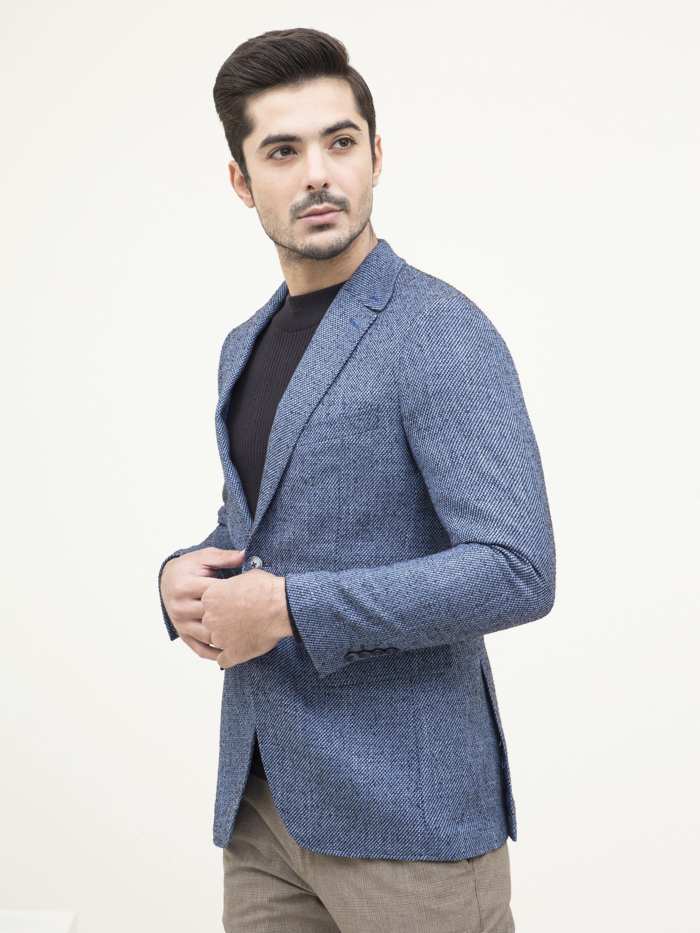 Blue casual slim-fit coat with notch lapels, single-button front, and side pockets