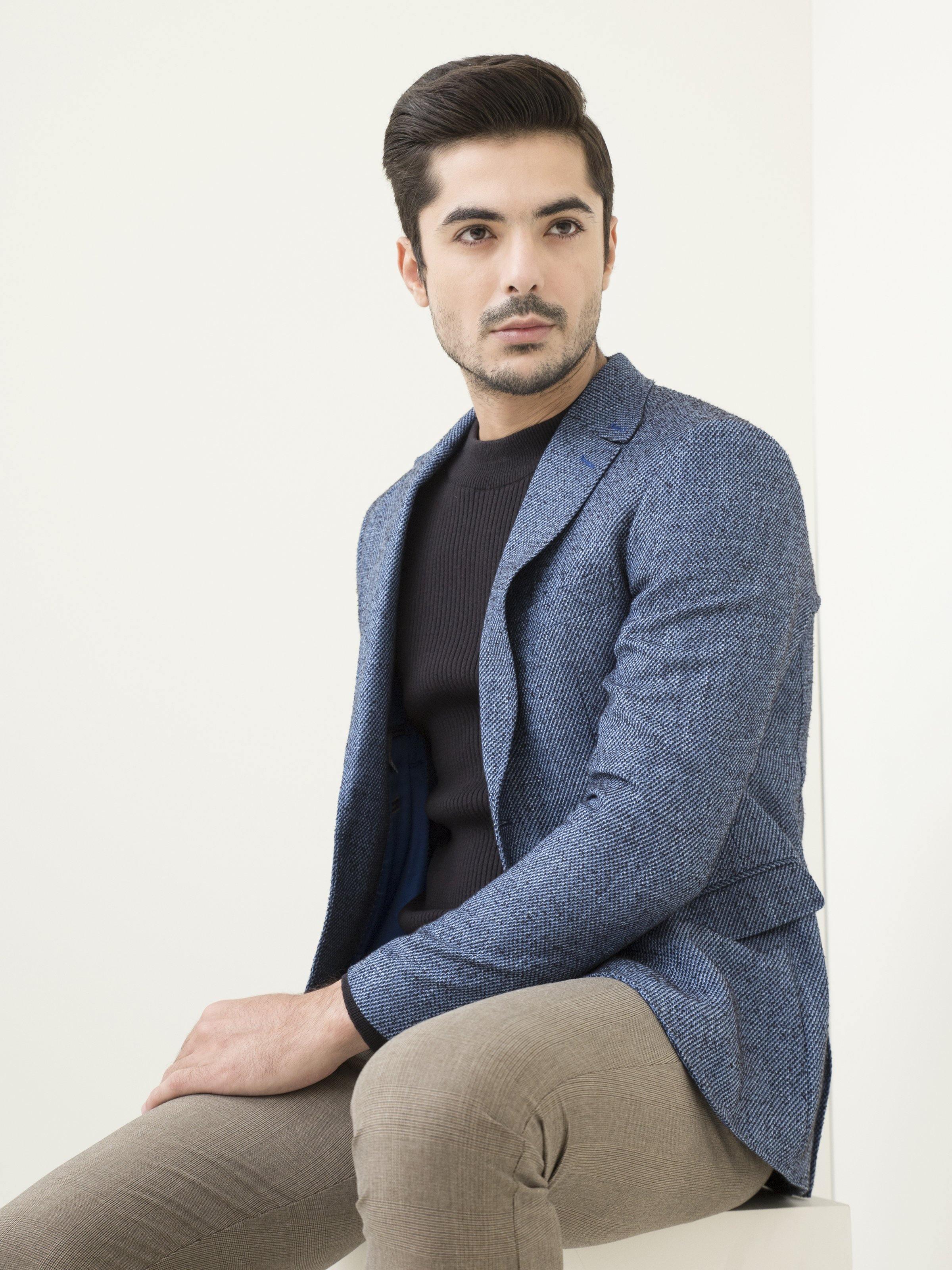 Blue casual slim-fit coat with notch lapels and textured weave, front close-up