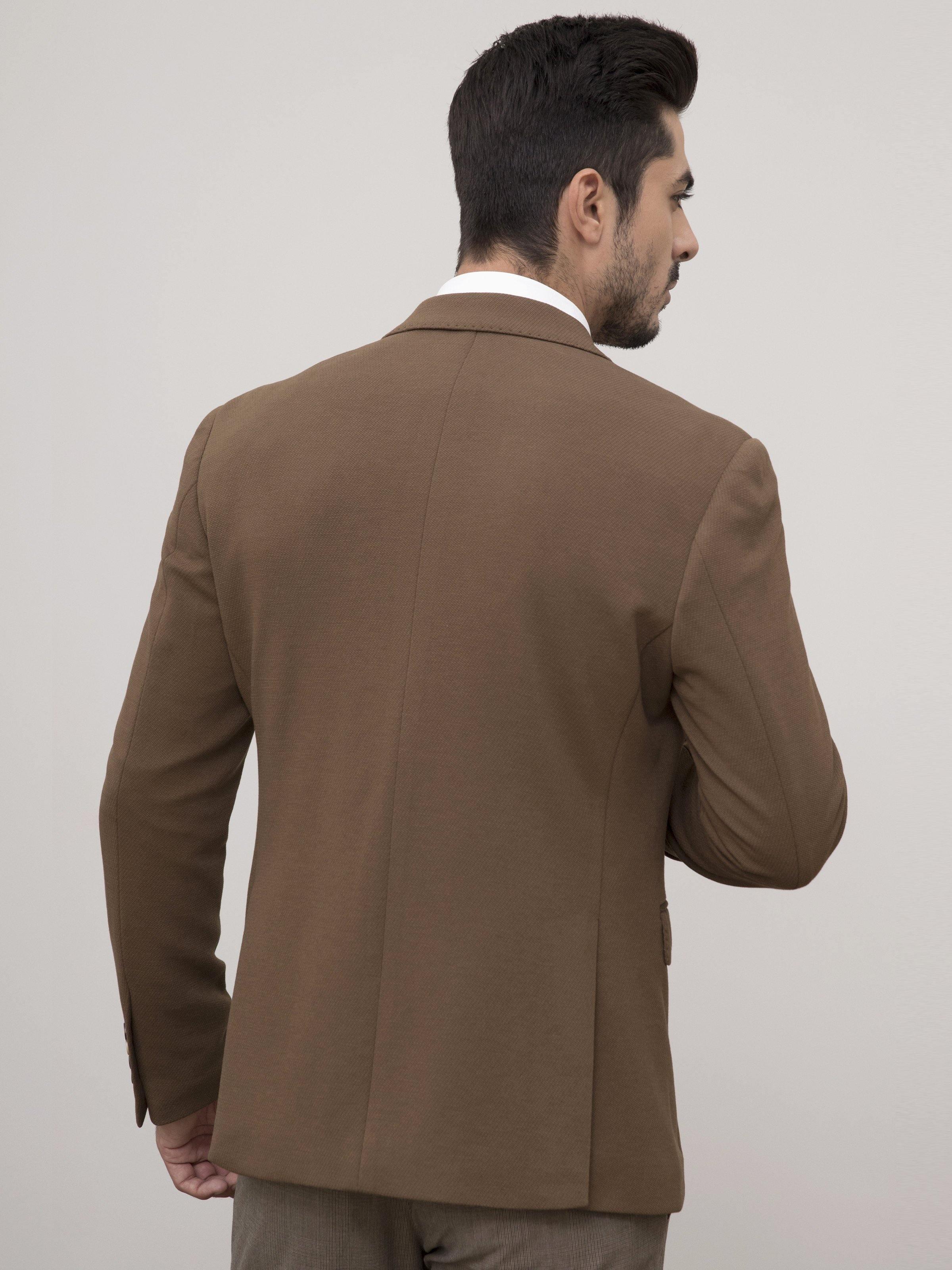 Brown slim-fit coat back view with structured shoulders