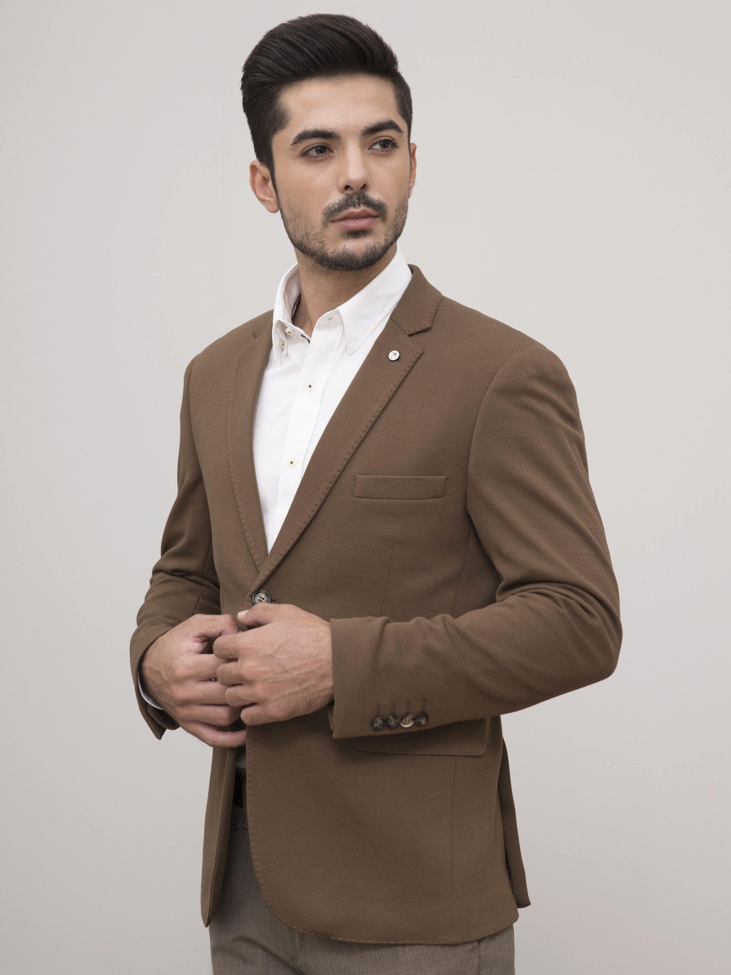 Brown slim-fit casual coat with single-button closure and chest pocket