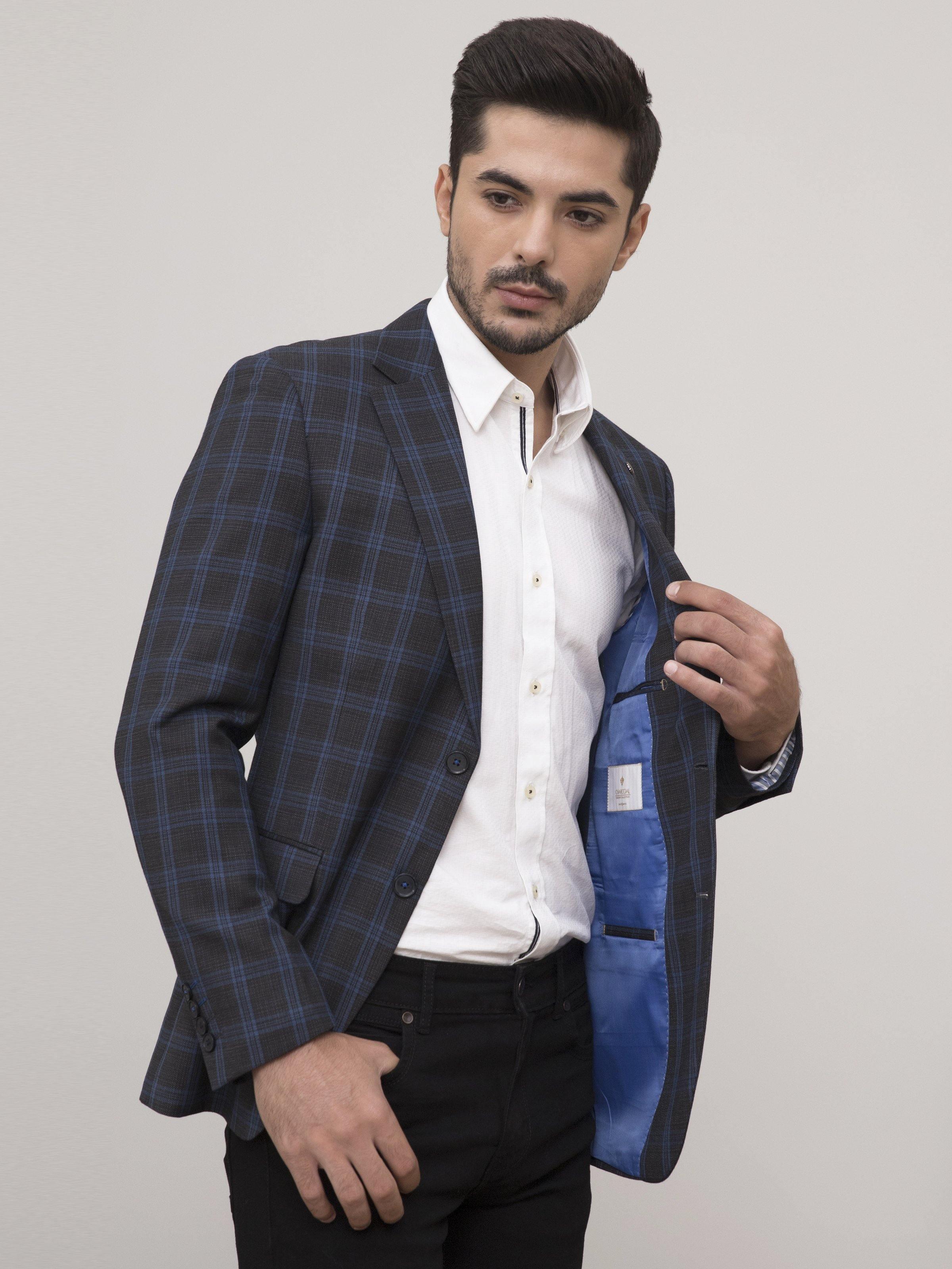 Slim-fit casual coat in dark blue charcoal plaid; side pockets and button front