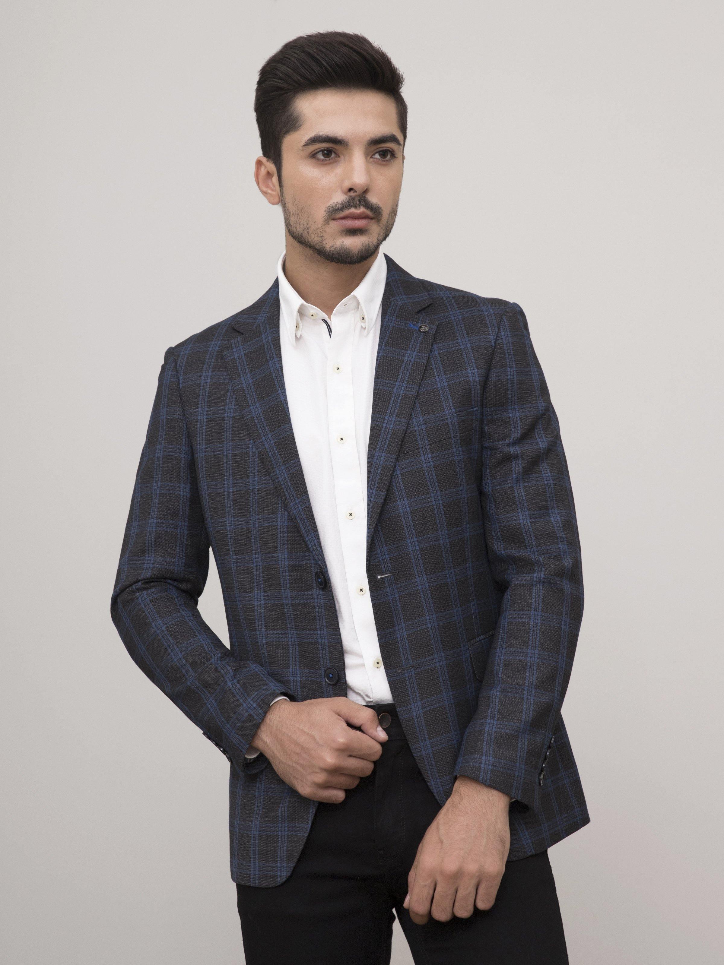 Slim-fit casual coat in dark blue charcoal plaid, notched lapels and front pockets
