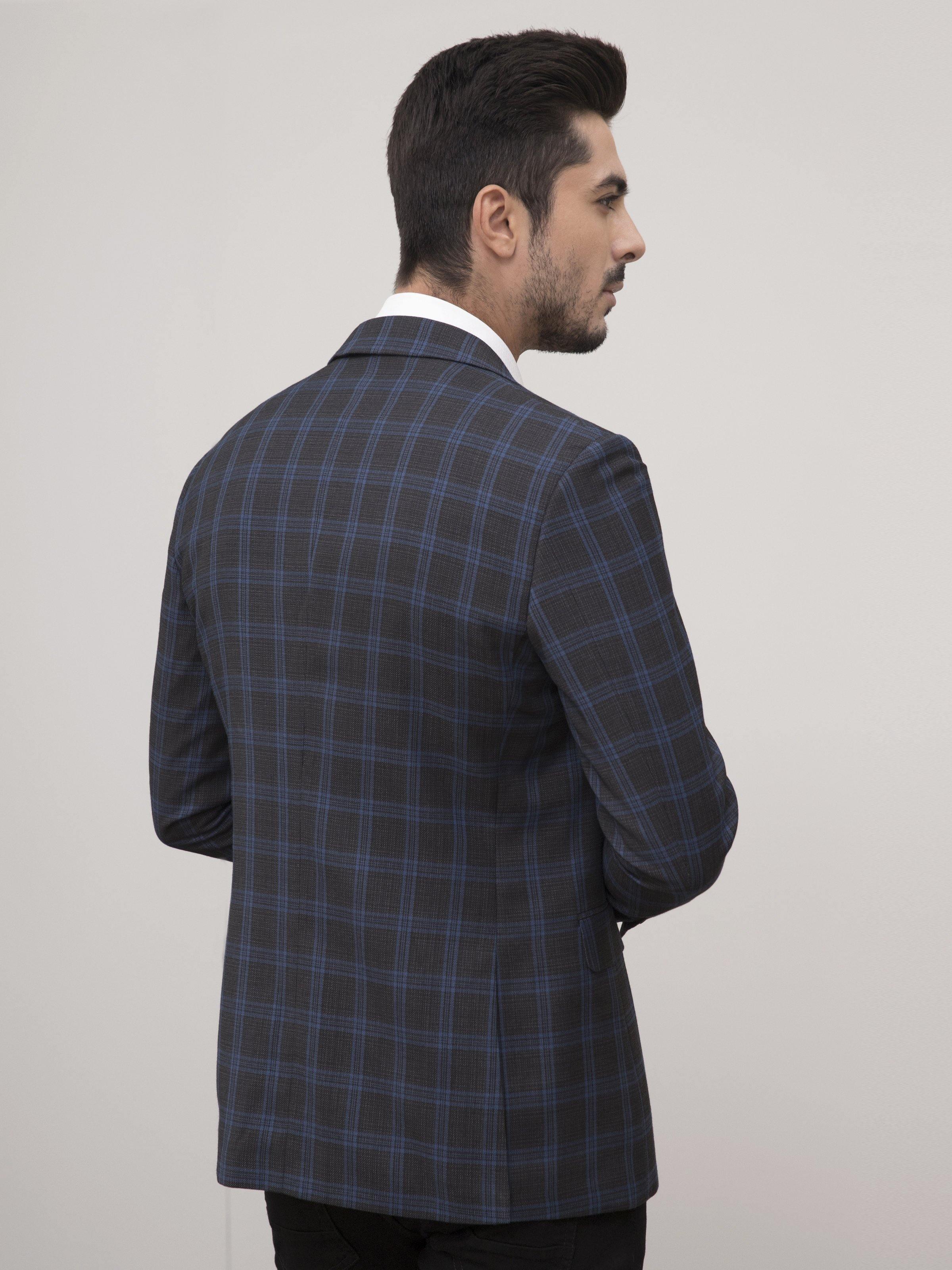 Slim-fit casual coat back view in dark blue charcoal plaid