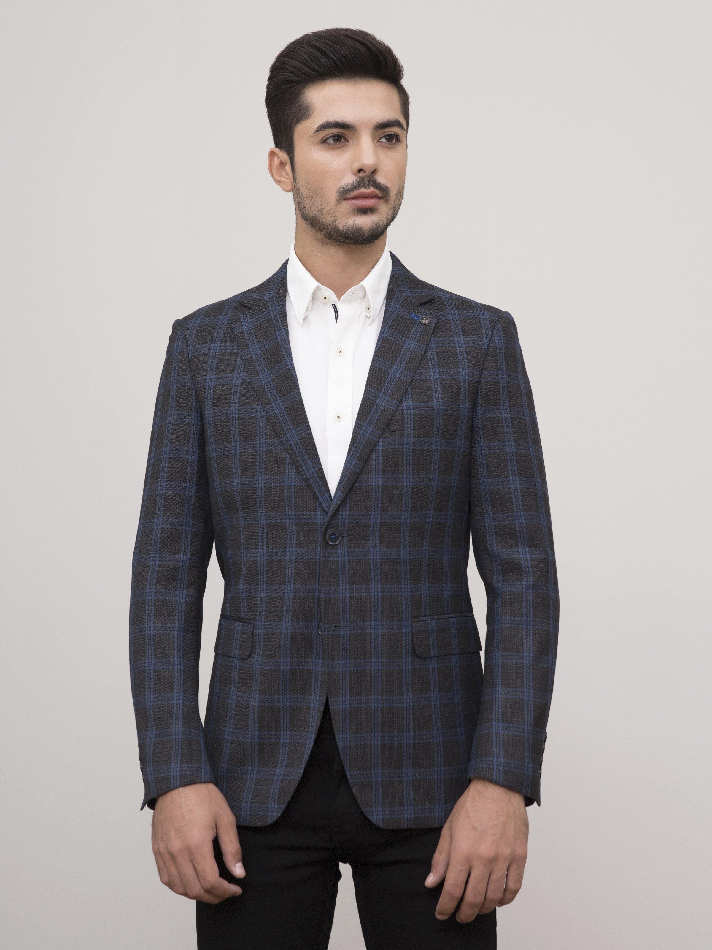 Slim-fit casual coat in dark blue charcoal plaid, single-breasted front and cuffs