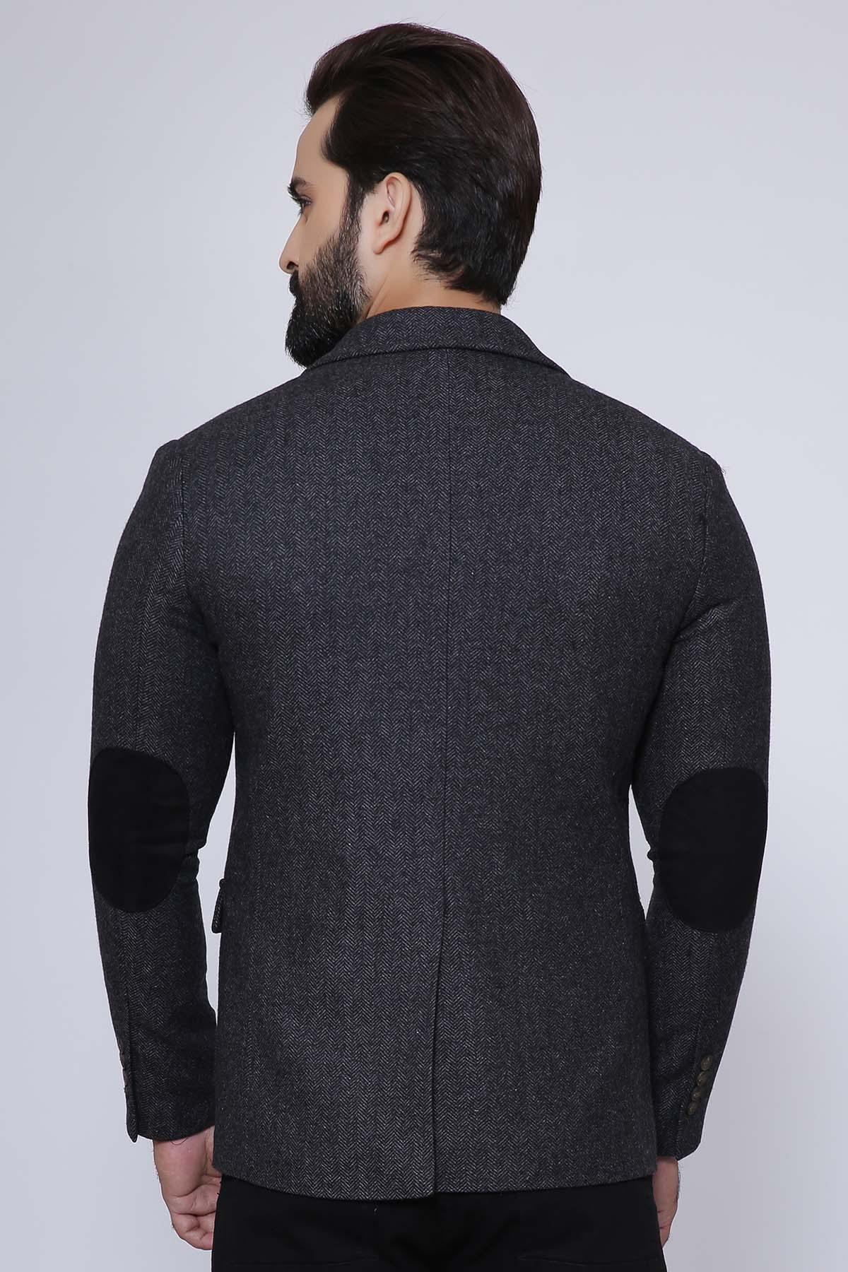 Charcoal slim-fit coat back view with center seam and long sleeves