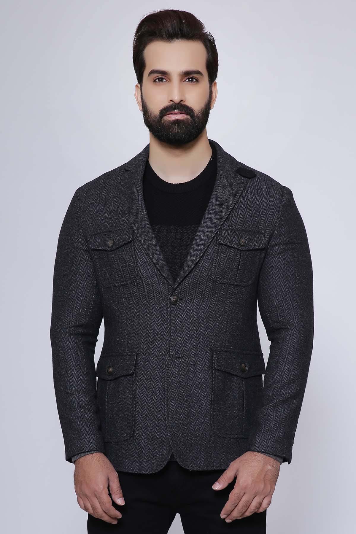 Charcoal slim-fit casual coat with notched lapel, front button, and chest pockets