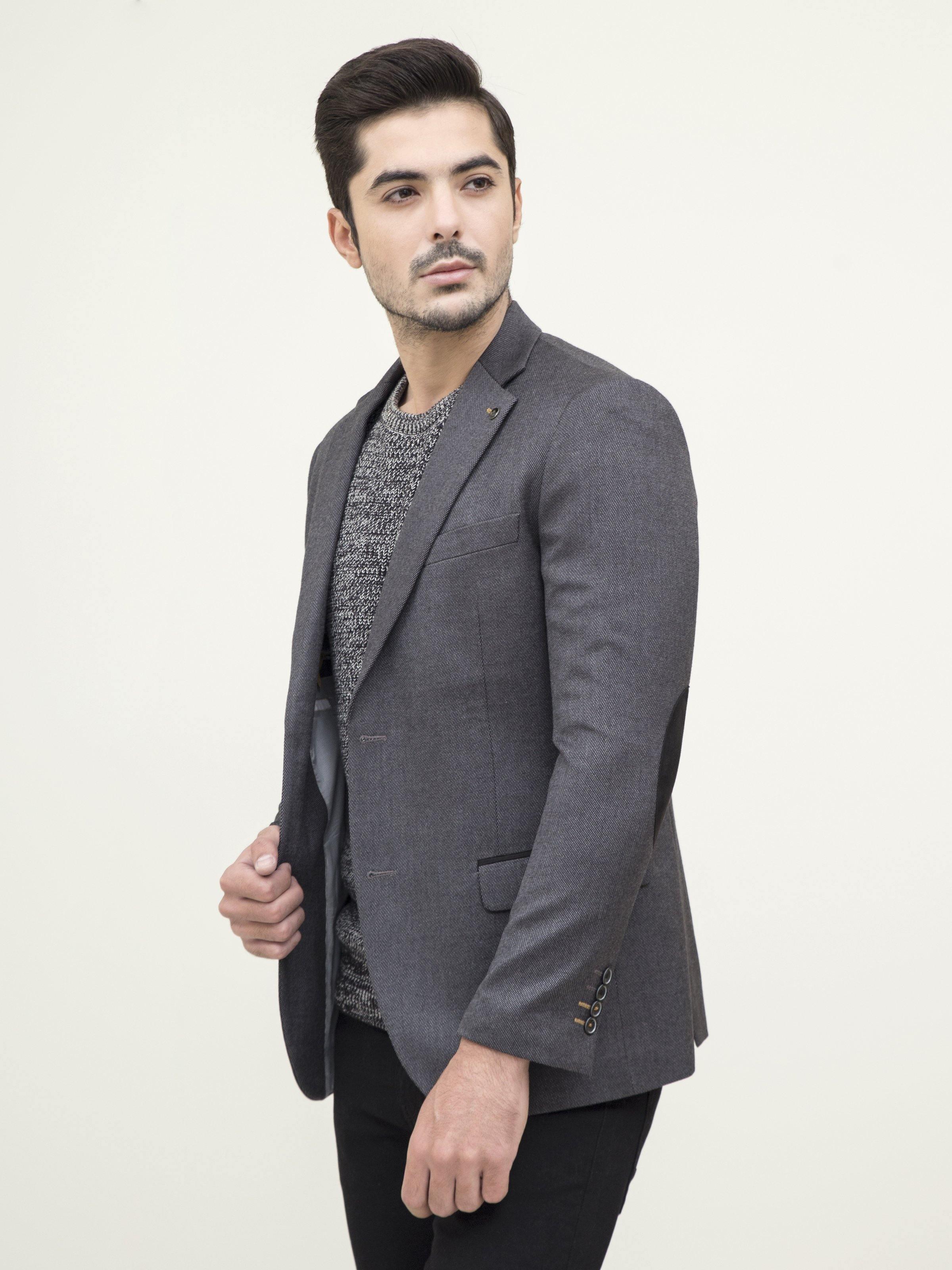 Men's slim-fit casual coat, dark grey with notched lapels and button front.