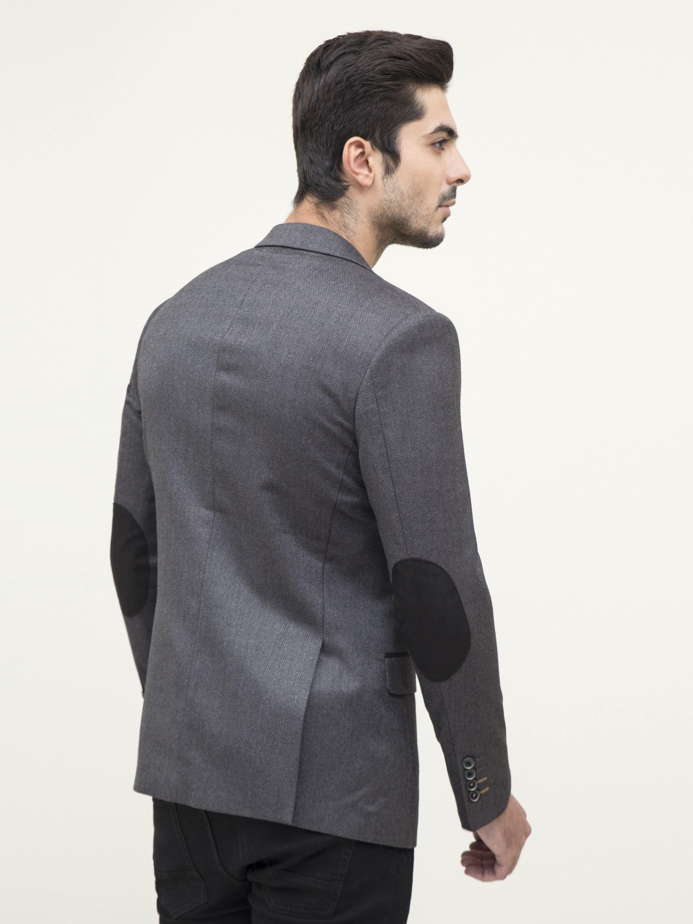 Men's slim-fit casual coat, dark grey back view with vent and welt pockets.