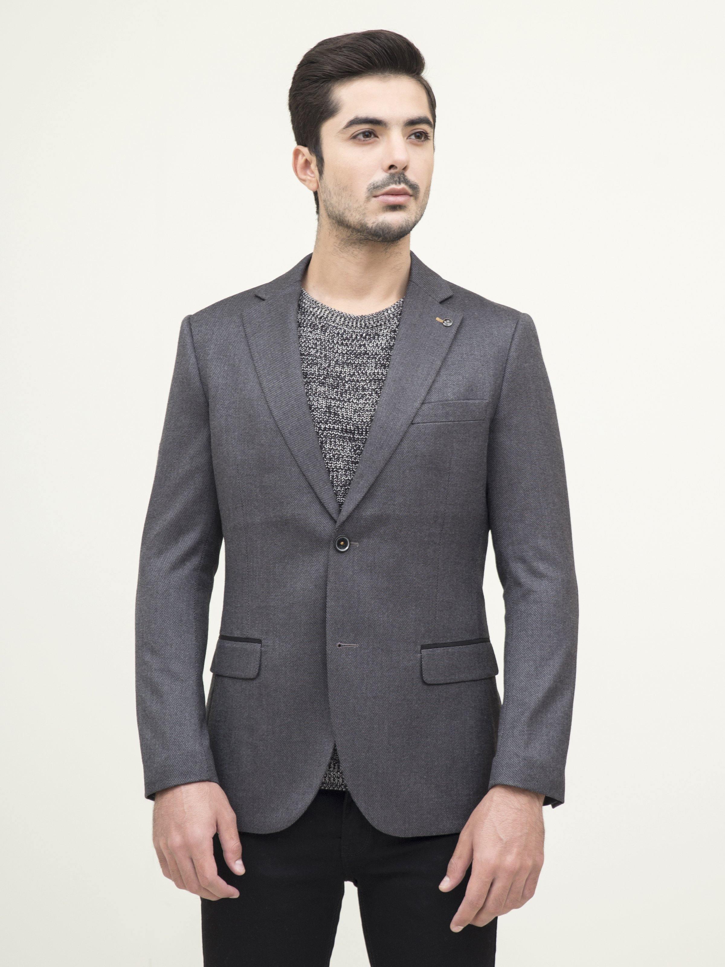 Men's slim-fit casual coat in dark grey, two flap pockets and buttoned center front.