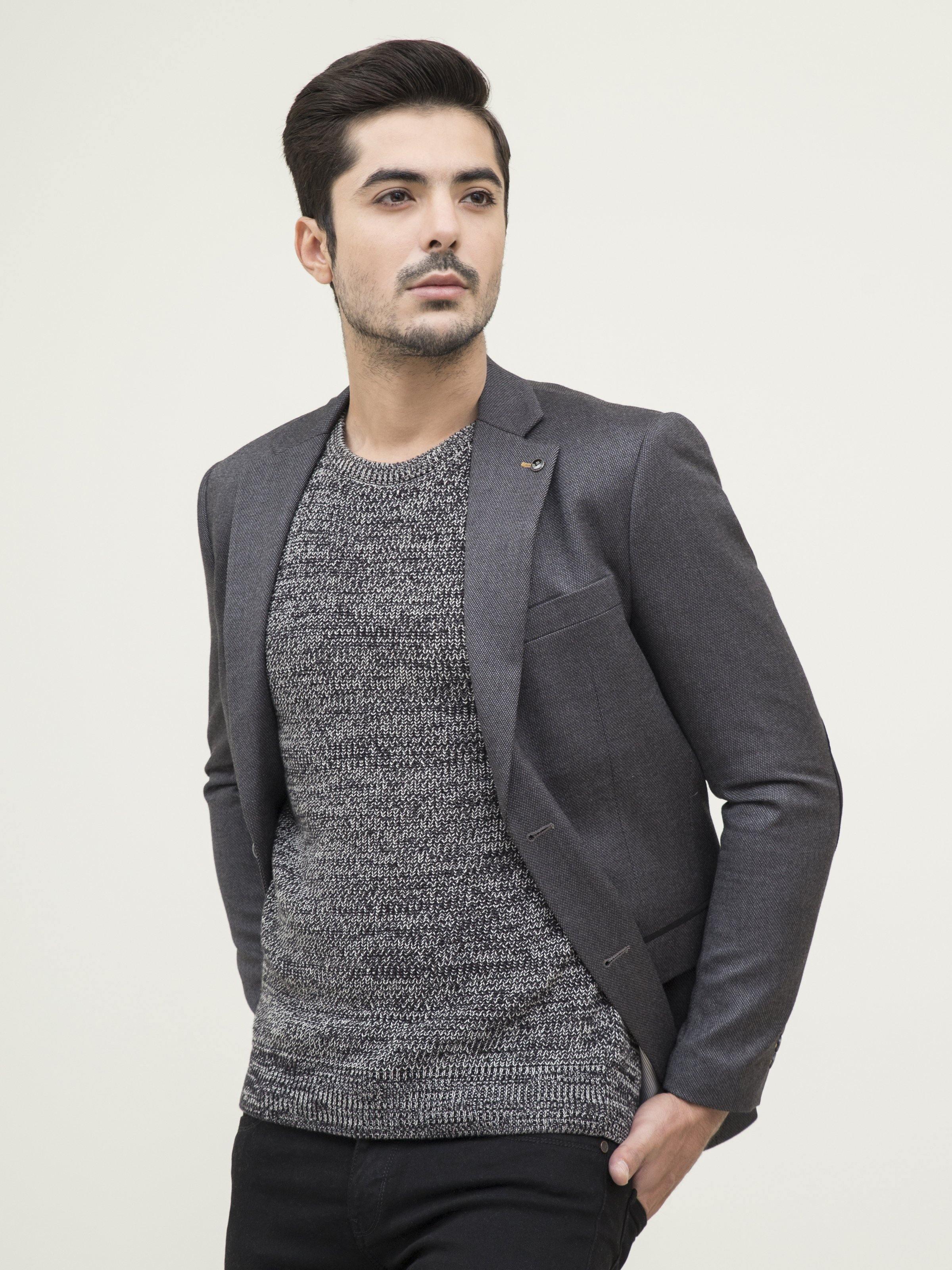Men's slim-fit casual coat, dark grey with chest pocket and notched lapels.