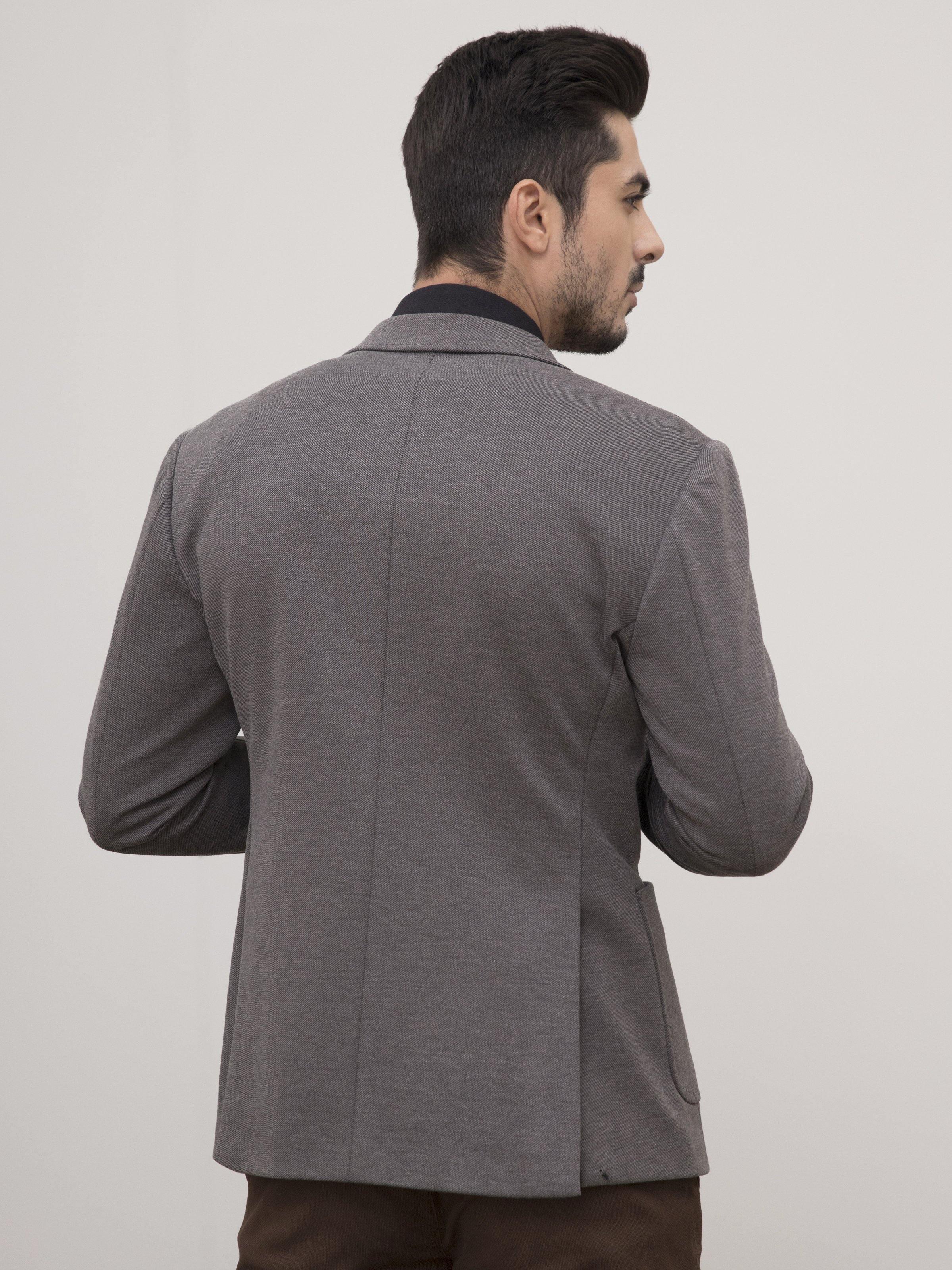 Grey slim-fit casual coat back view with center seam and rear vent