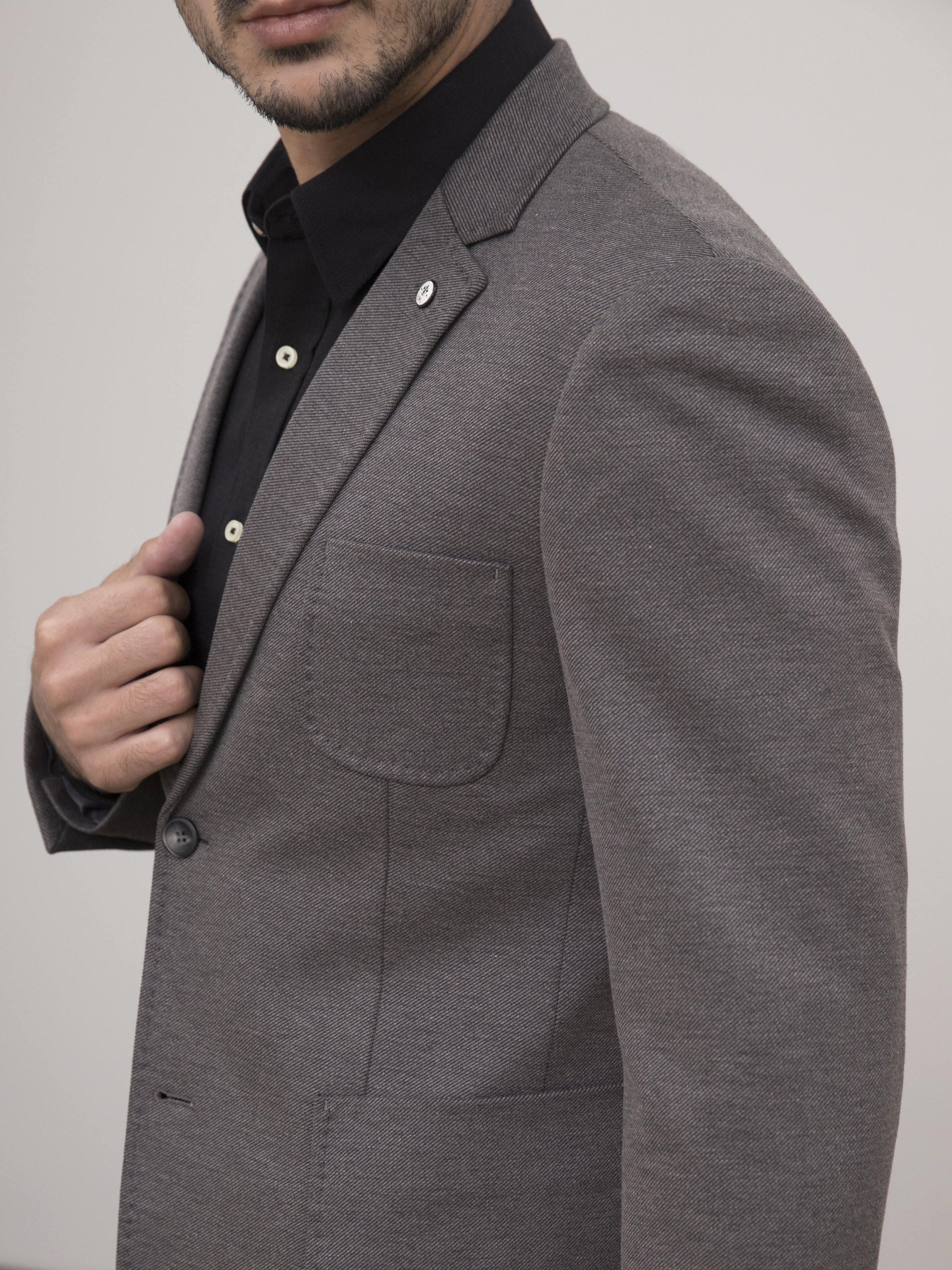Grey slim-fit casual coat with notch lapels, buttoned front, and front pocket