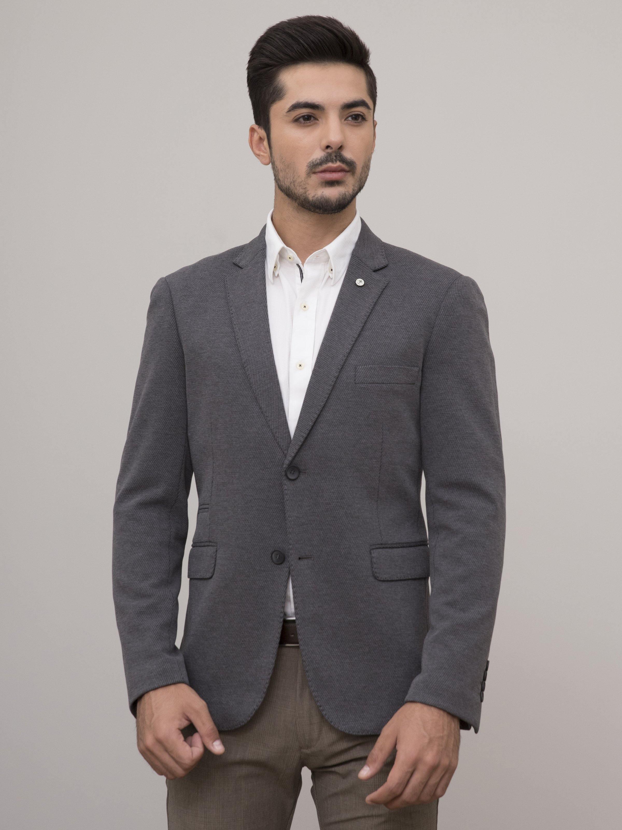 Slim-fit grey casual coat with button front, notch lapel, and two chest pockets