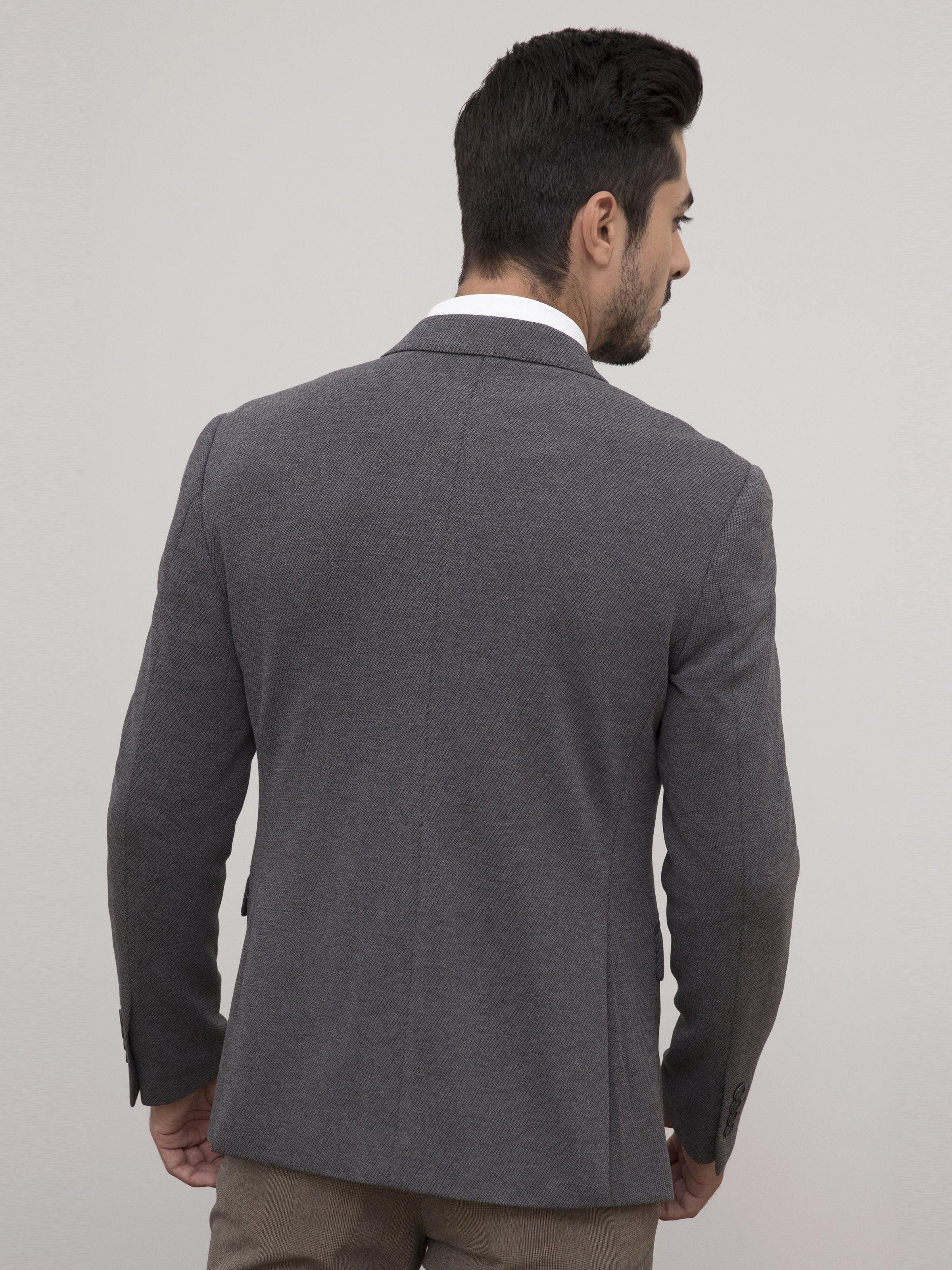 Grey slim-fit casual coat back view with stand collar and long sleeves