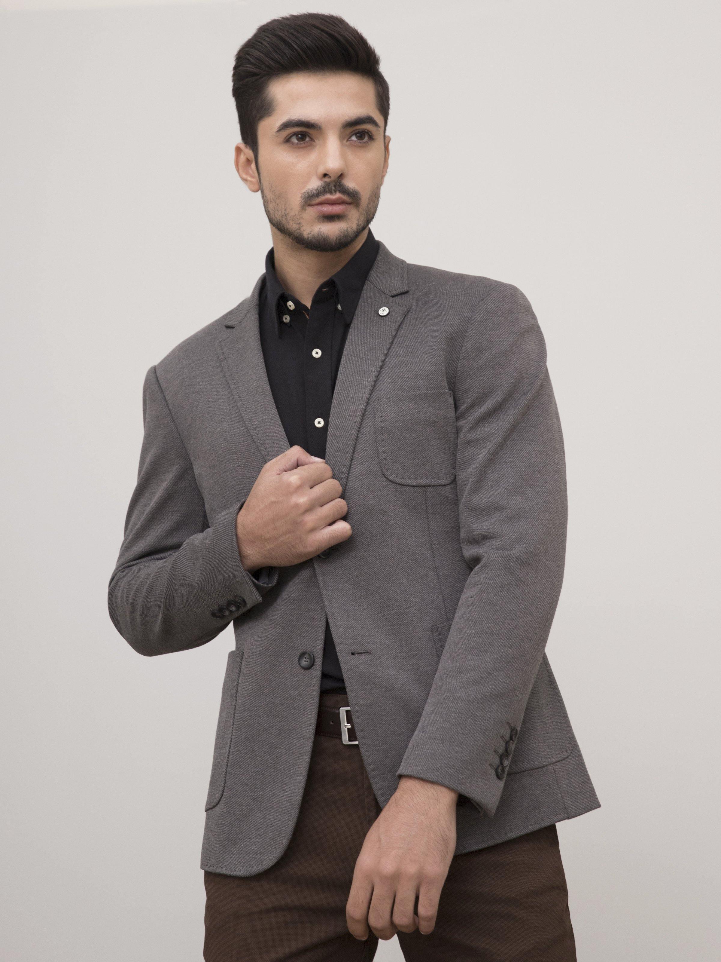 Grey slim-fit casual coat with notched lapels and chest welt pocket