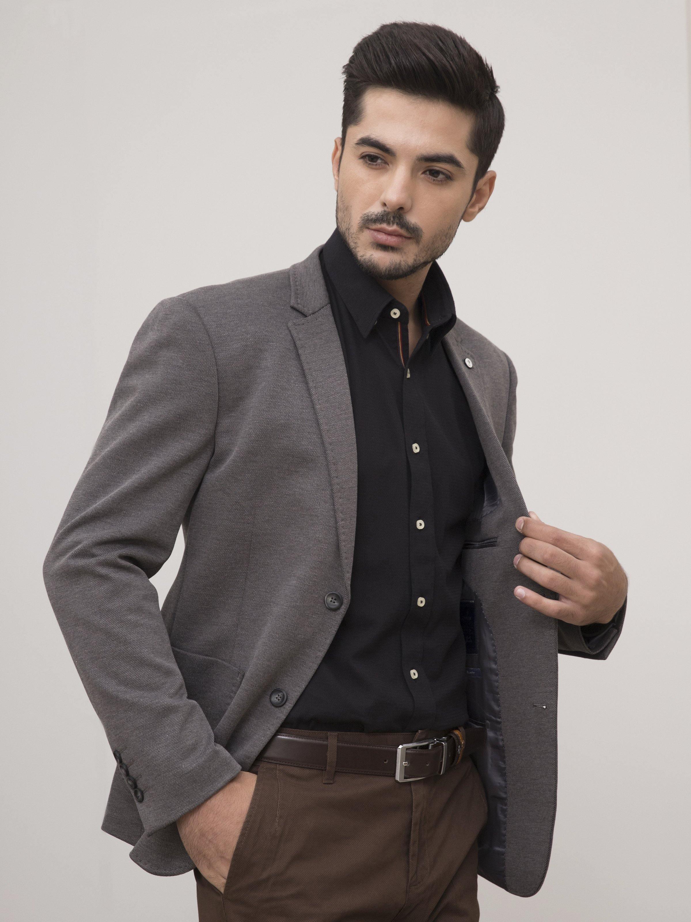 Grey slim-fit casual coat with notched lapels, double-breasted buttons, two front pockets