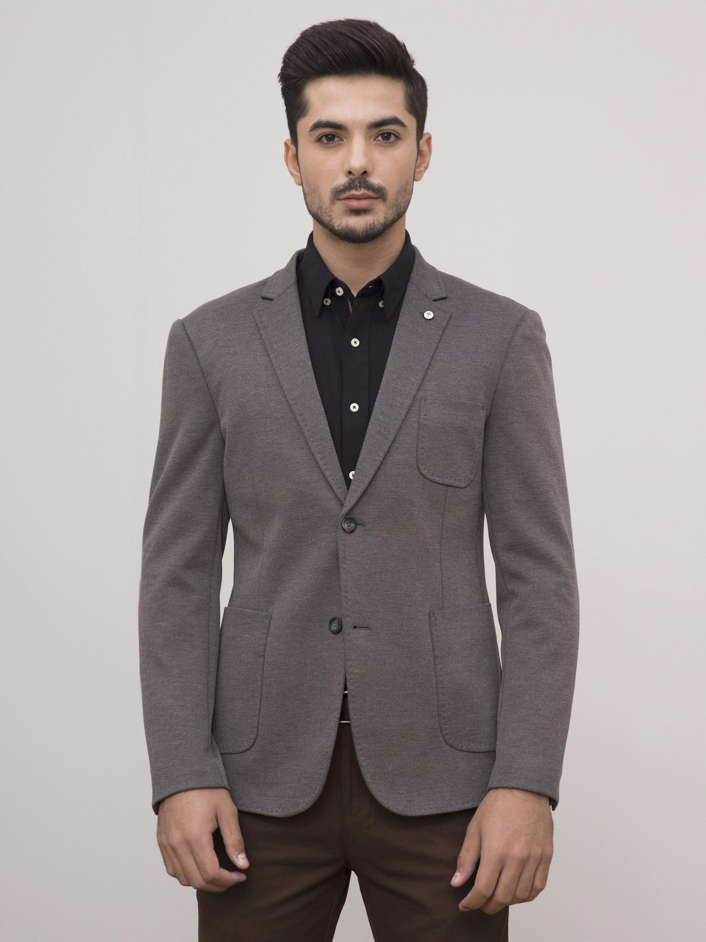 Grey slim-fit casual coat with notched lapels, button front, and two flap pockets