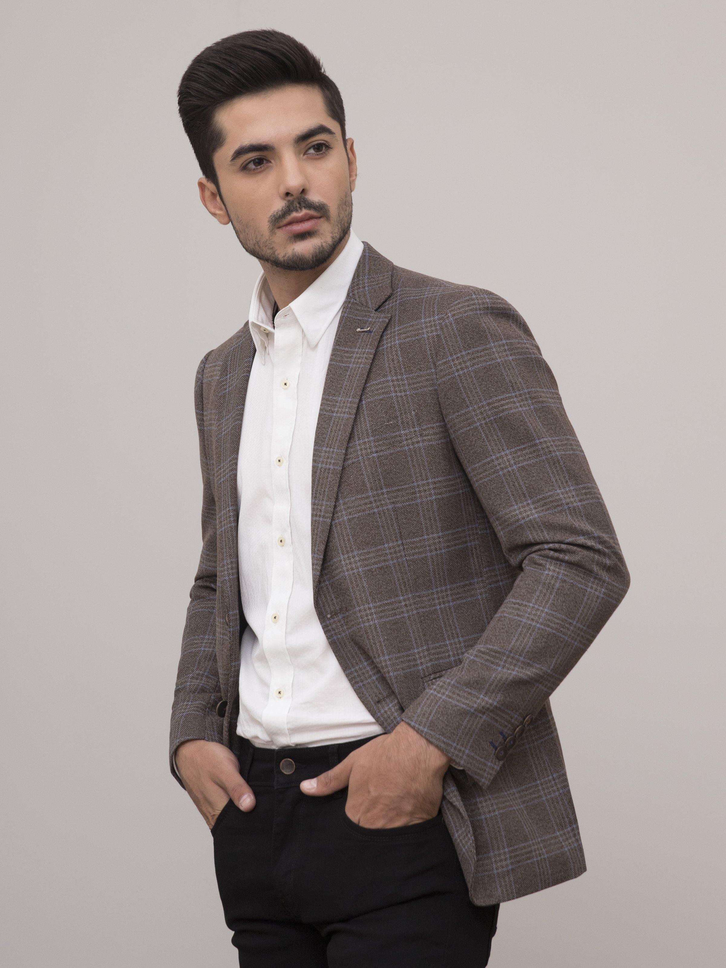 Light brown plaid slim-fit coat front side view, showing notched lapels and open stance.