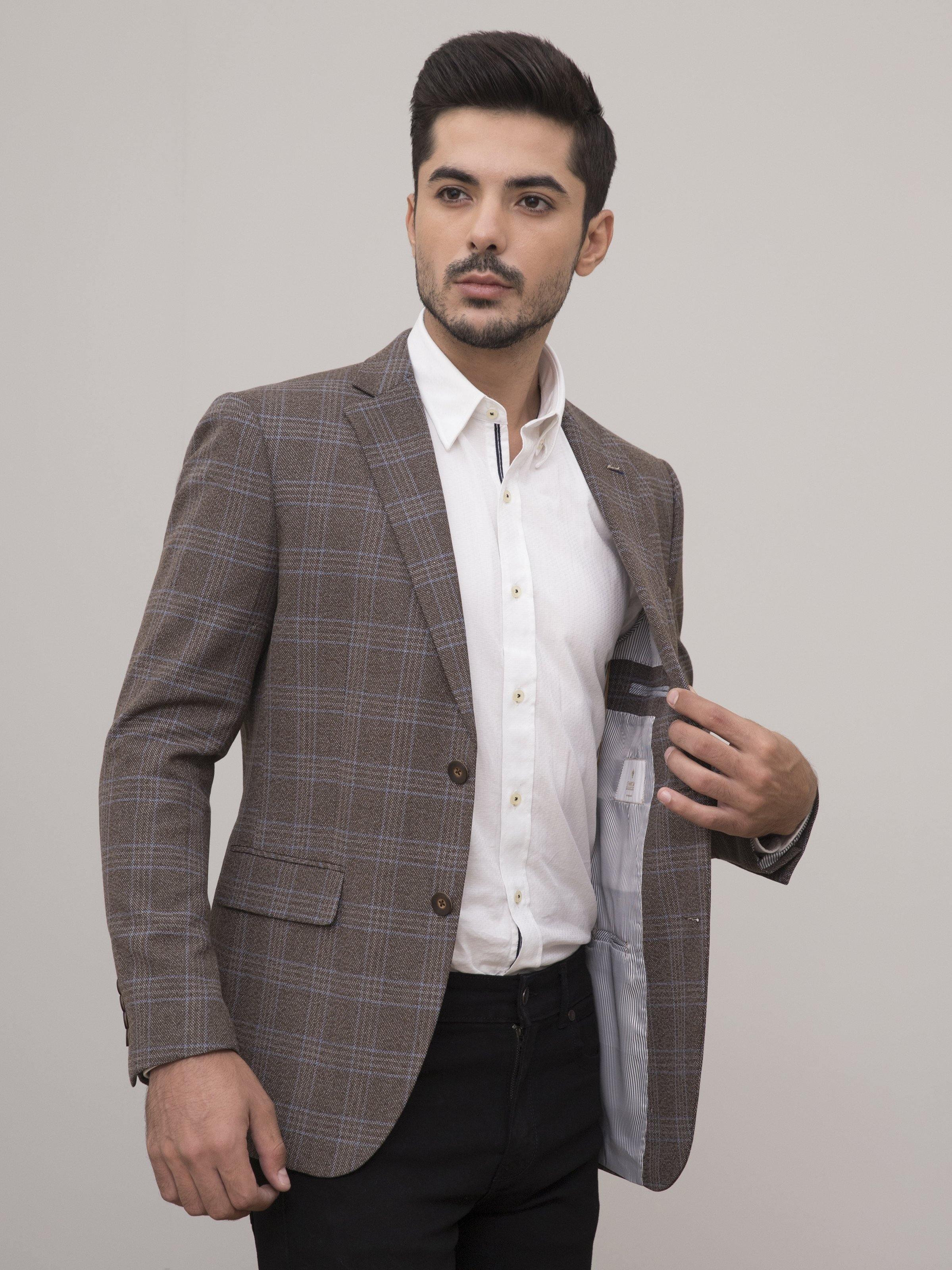 Light brown slim-fit plaid casual coat with notched lapels and front button closure.