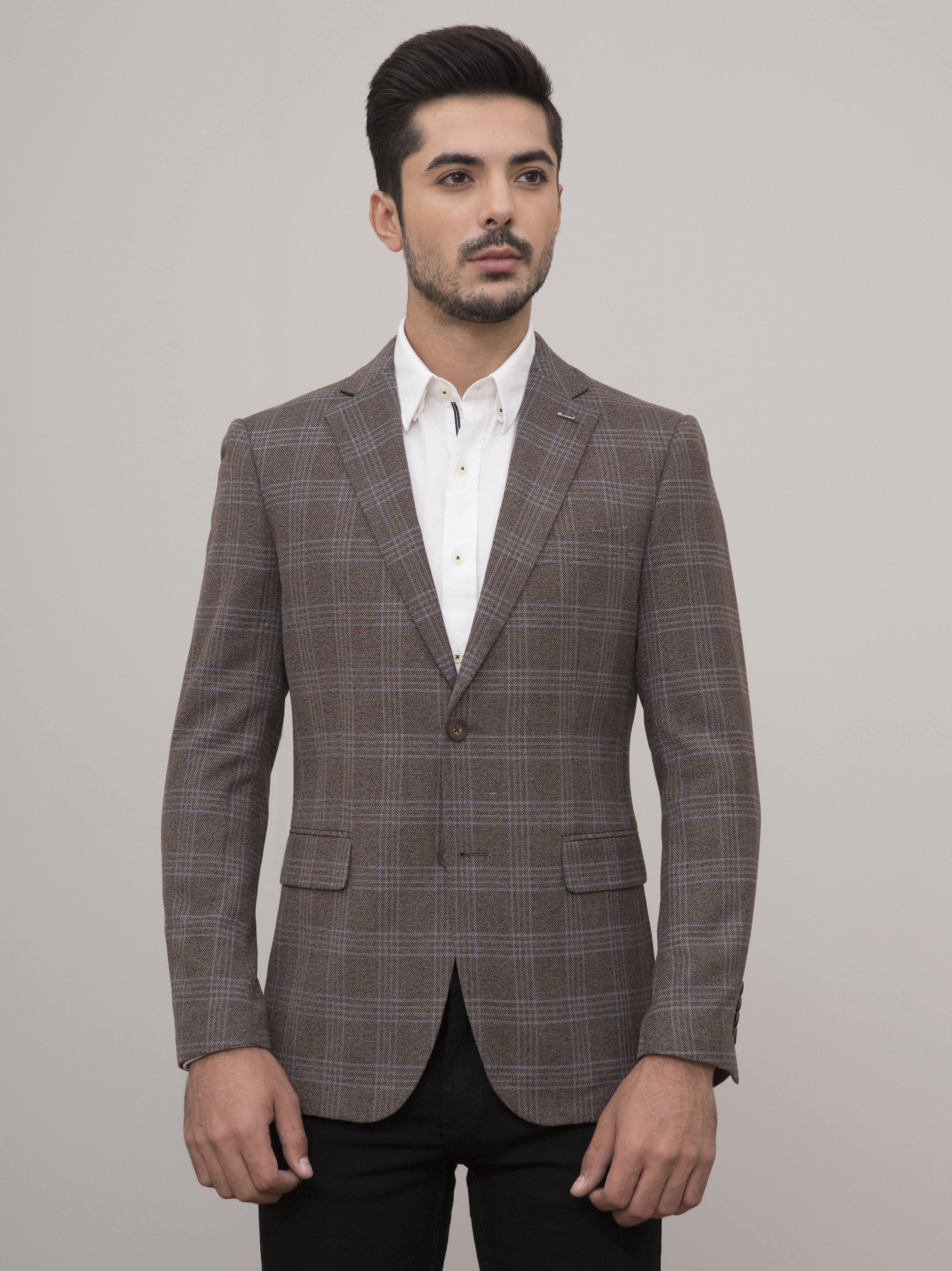 Light brown plaid slim-fit coat with notched lapels, two front pockets, and button closure.