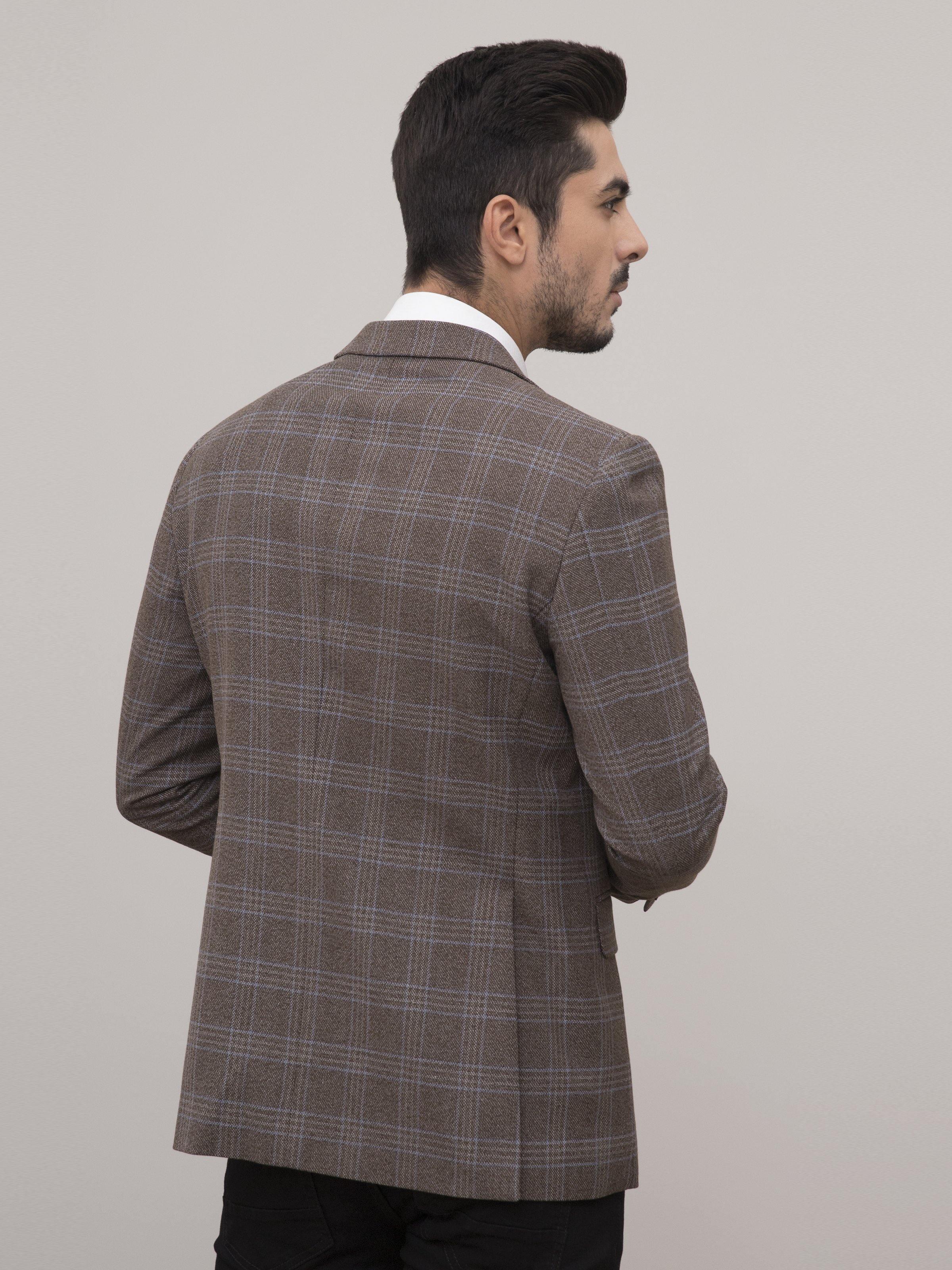 Light brown plaid slim-fit coat, rear side view with long sleeves and shoulder line.
