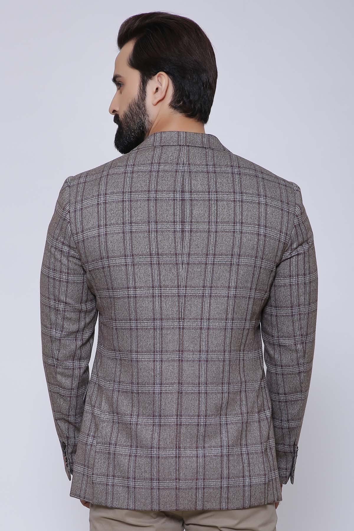 Slim-fit casual coat in light brown plaid, back view with notch collar and seam lines.