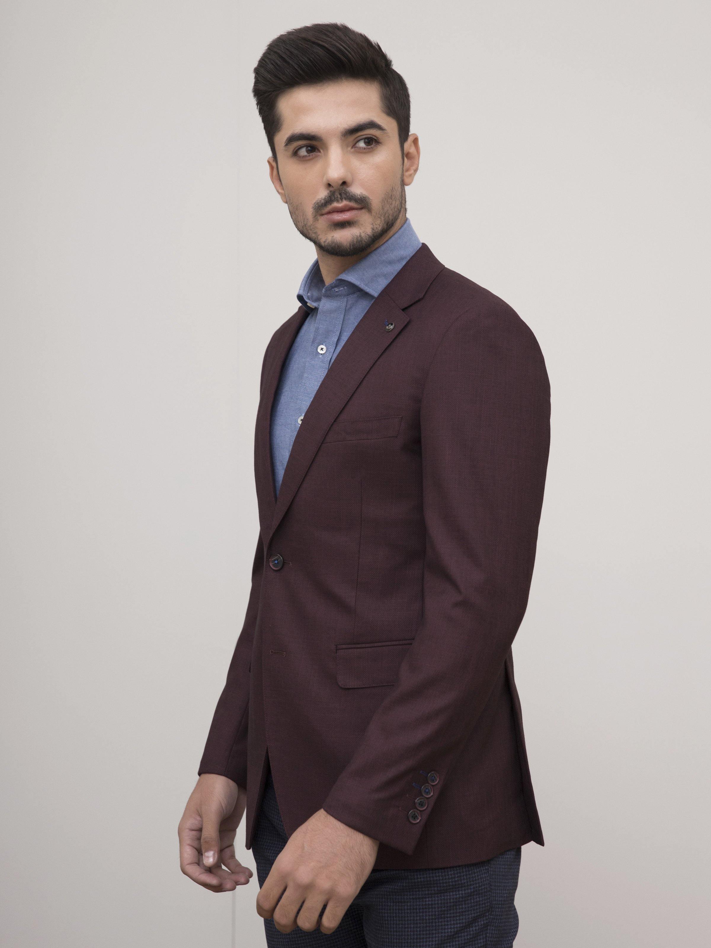Slim-fit maroon casual coat with notch lapels, single-breasted button front, flap pocket
