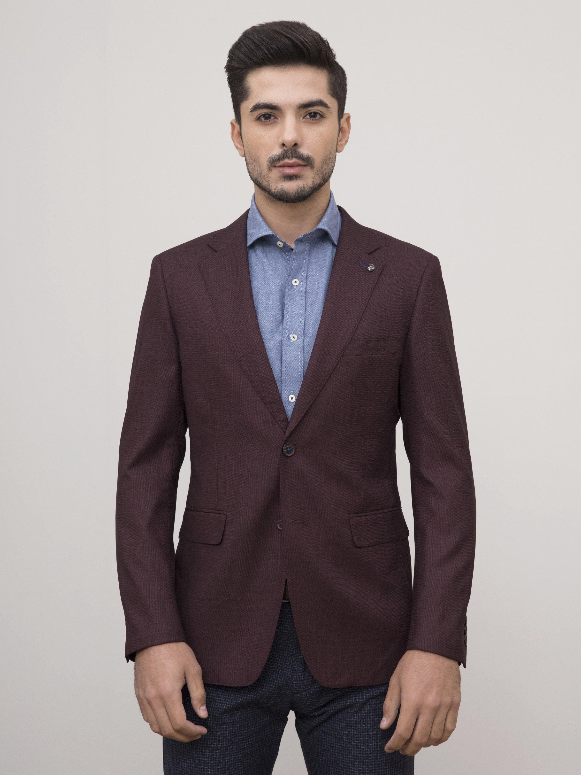 Slim-fit maroon casual coat with notch lapels, button front, and flap pockets