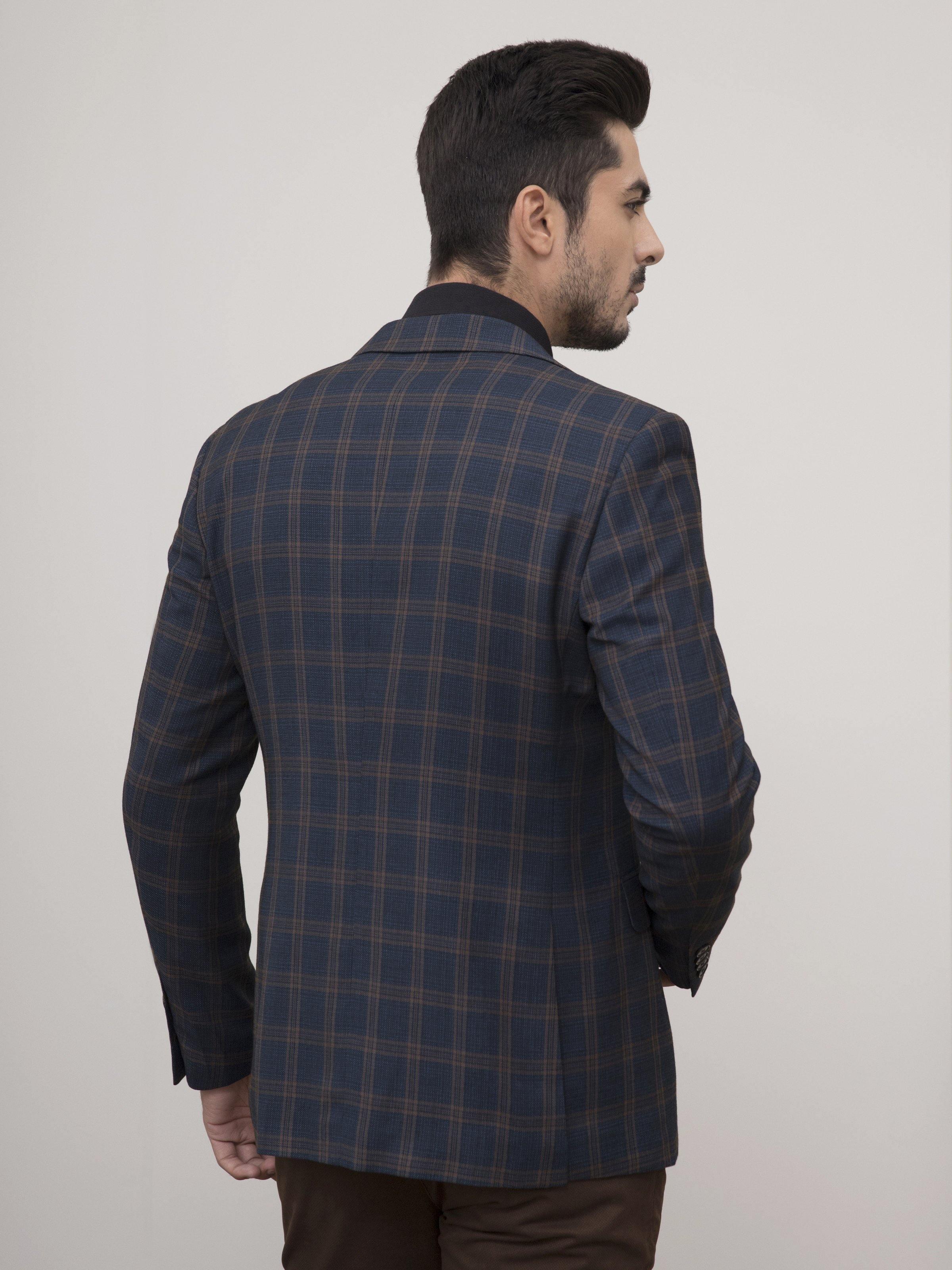 Back view of slim-fit coat in navy-brown plaid with full-length sleeves