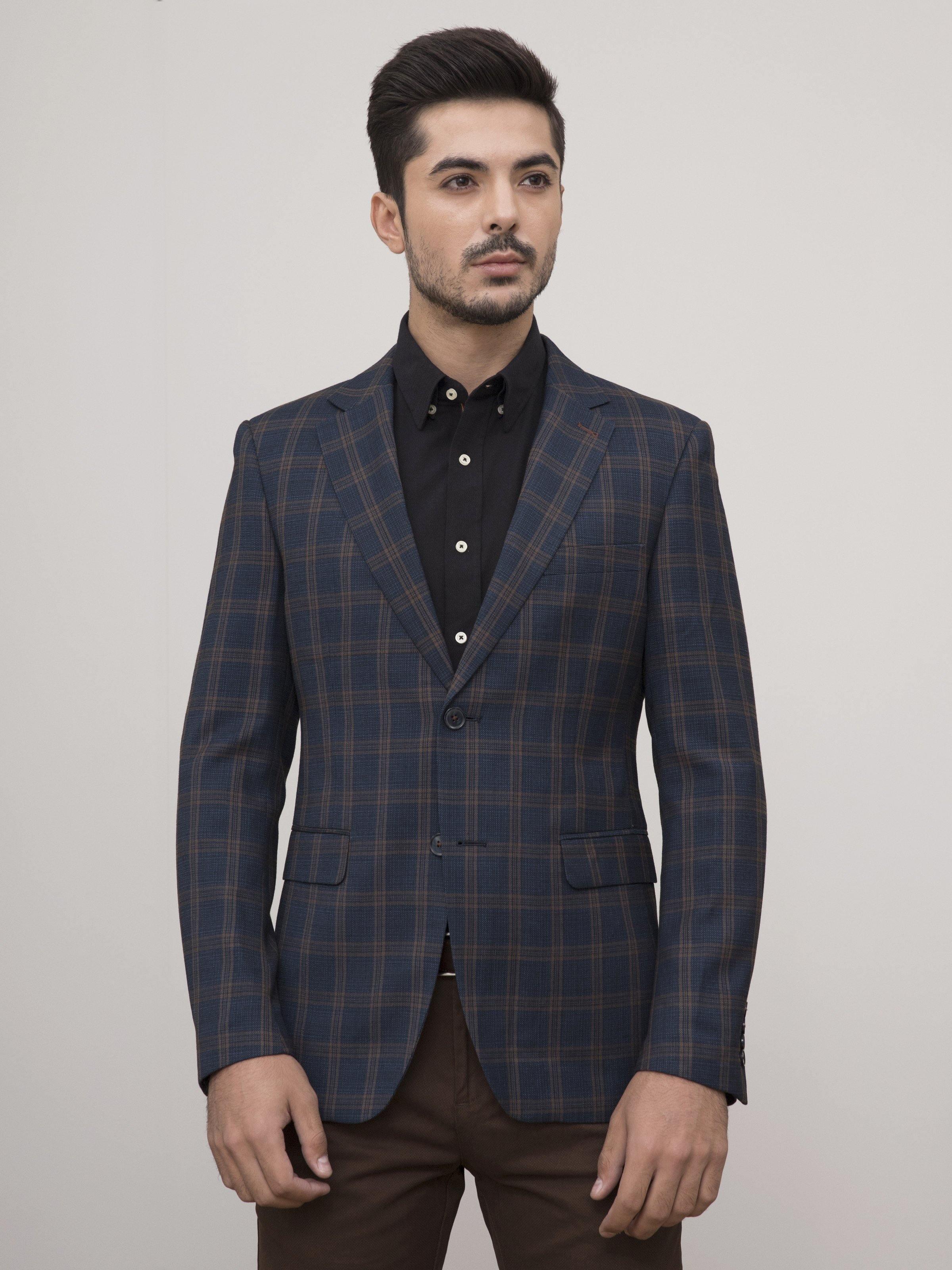 Slim-fit coat in navy-brown plaid with notch lapels and two front pockets