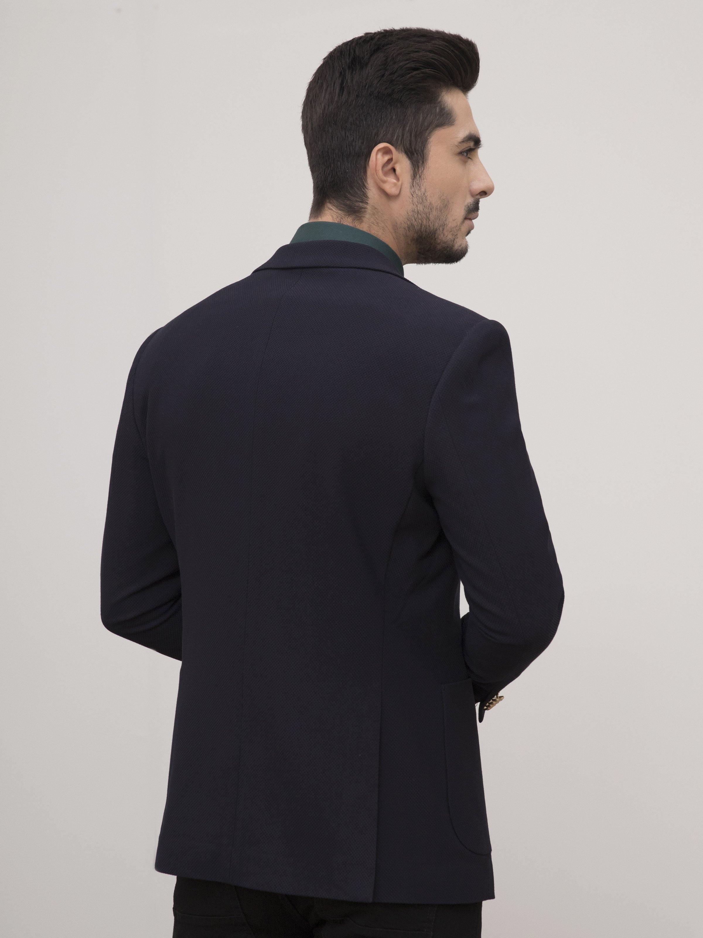 Navy slim-fit casual coat back view with smooth shoulder and structured hem