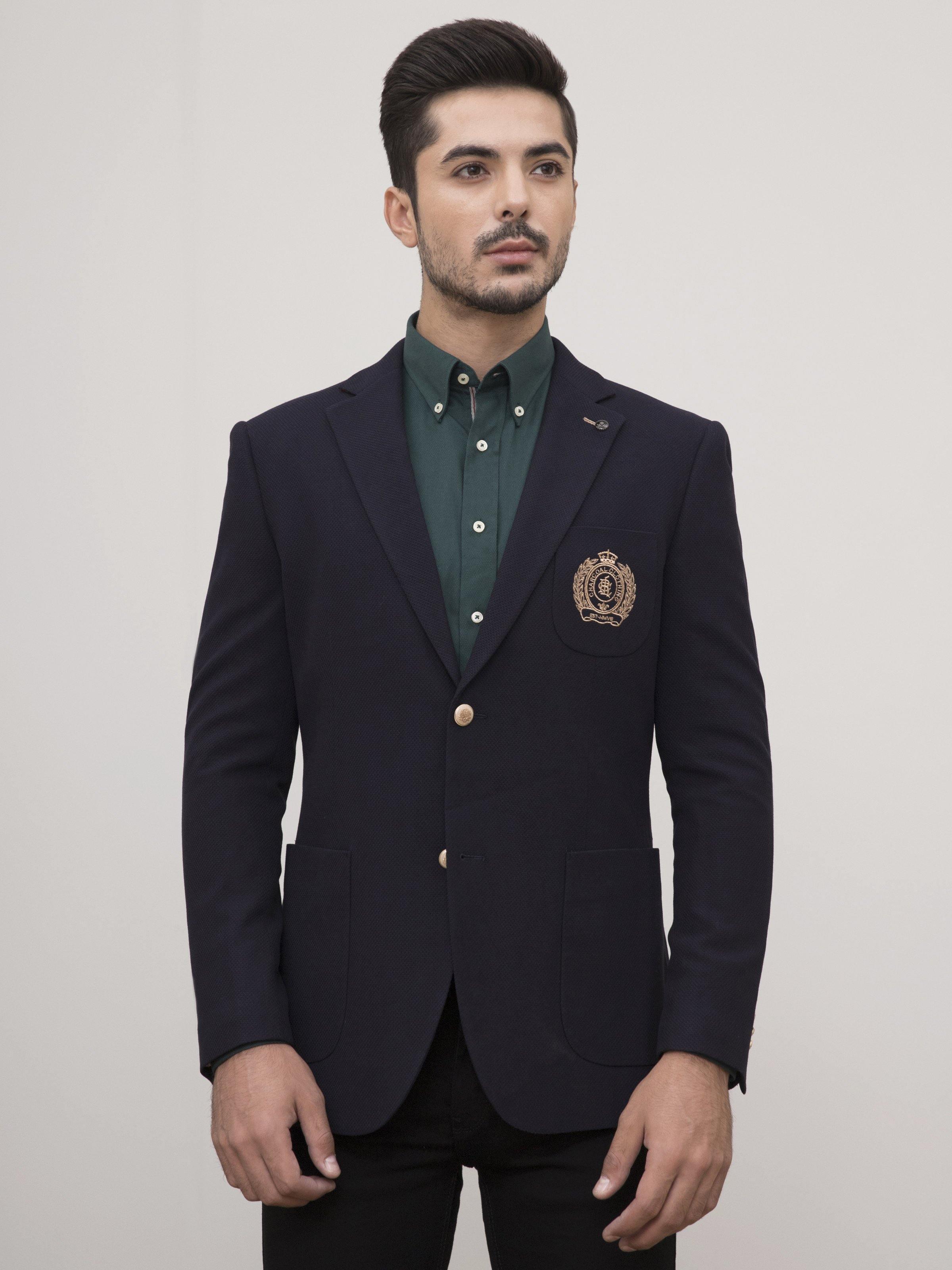 Navy slim-fit casual coat with notch lapels, crest chest pocket, and dual front pockets
