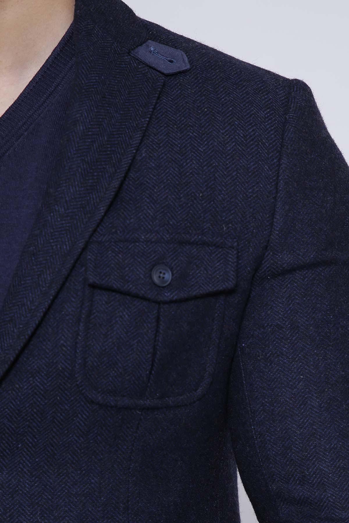 Navy slim-fit casual coat shoulder and chest flap pocket detail