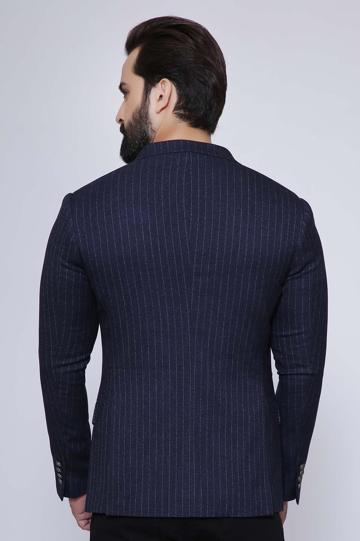 Navy slim-fit casual coat, back view, notched lapels and two-button cuffs