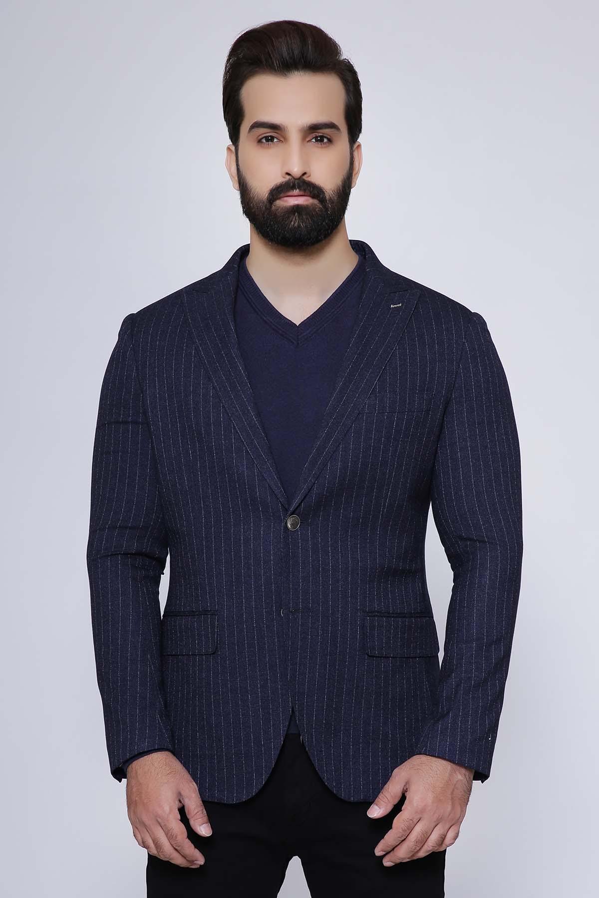 Navy slim-fit casual coat with V-neck, two-button front, side pockets