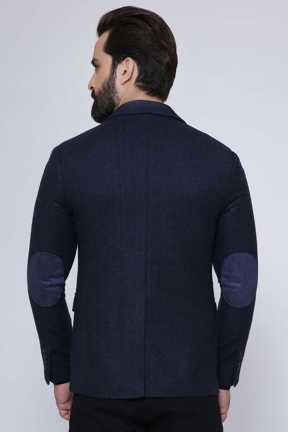 Navy slim-fit casual coat back view with center seam and buttoned cuffs