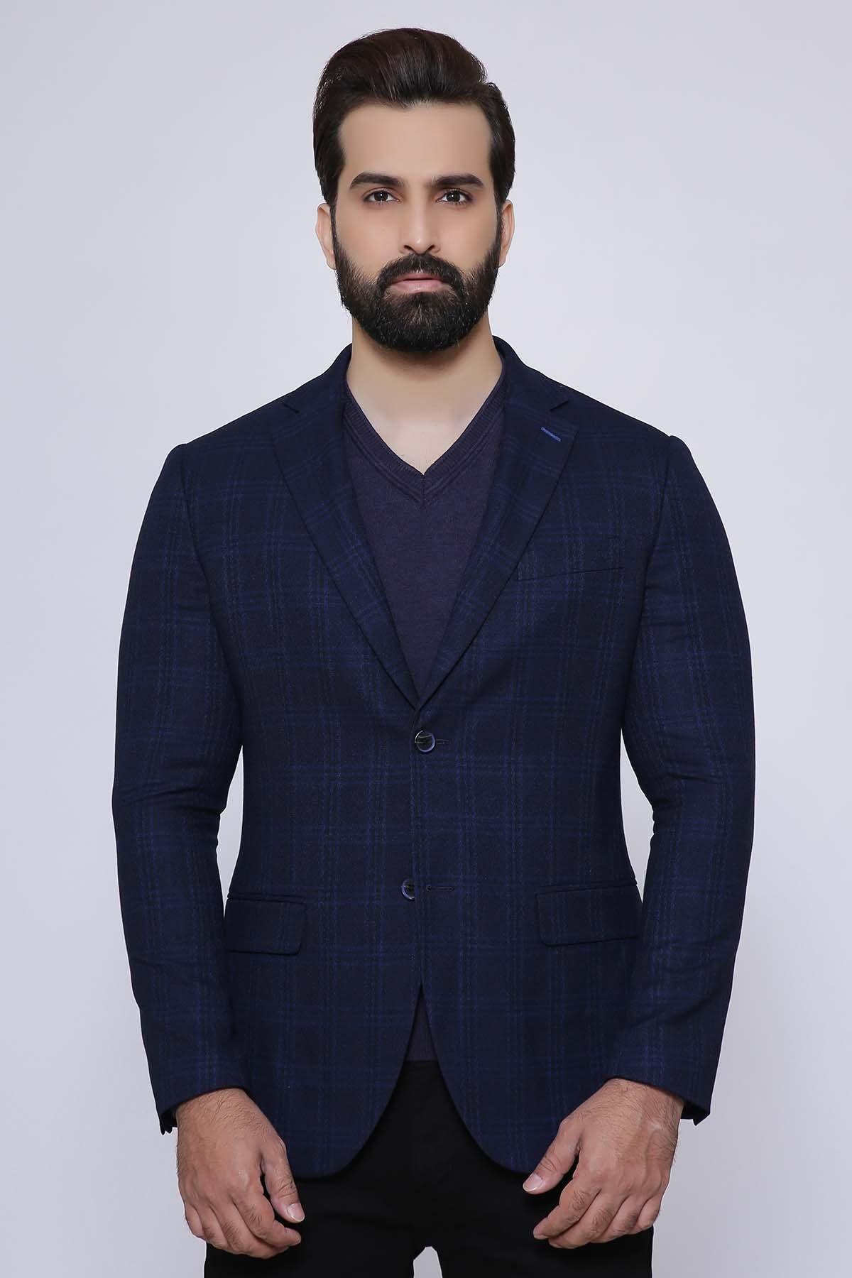 Navy slim-fit casual coat with notch lapels and button front