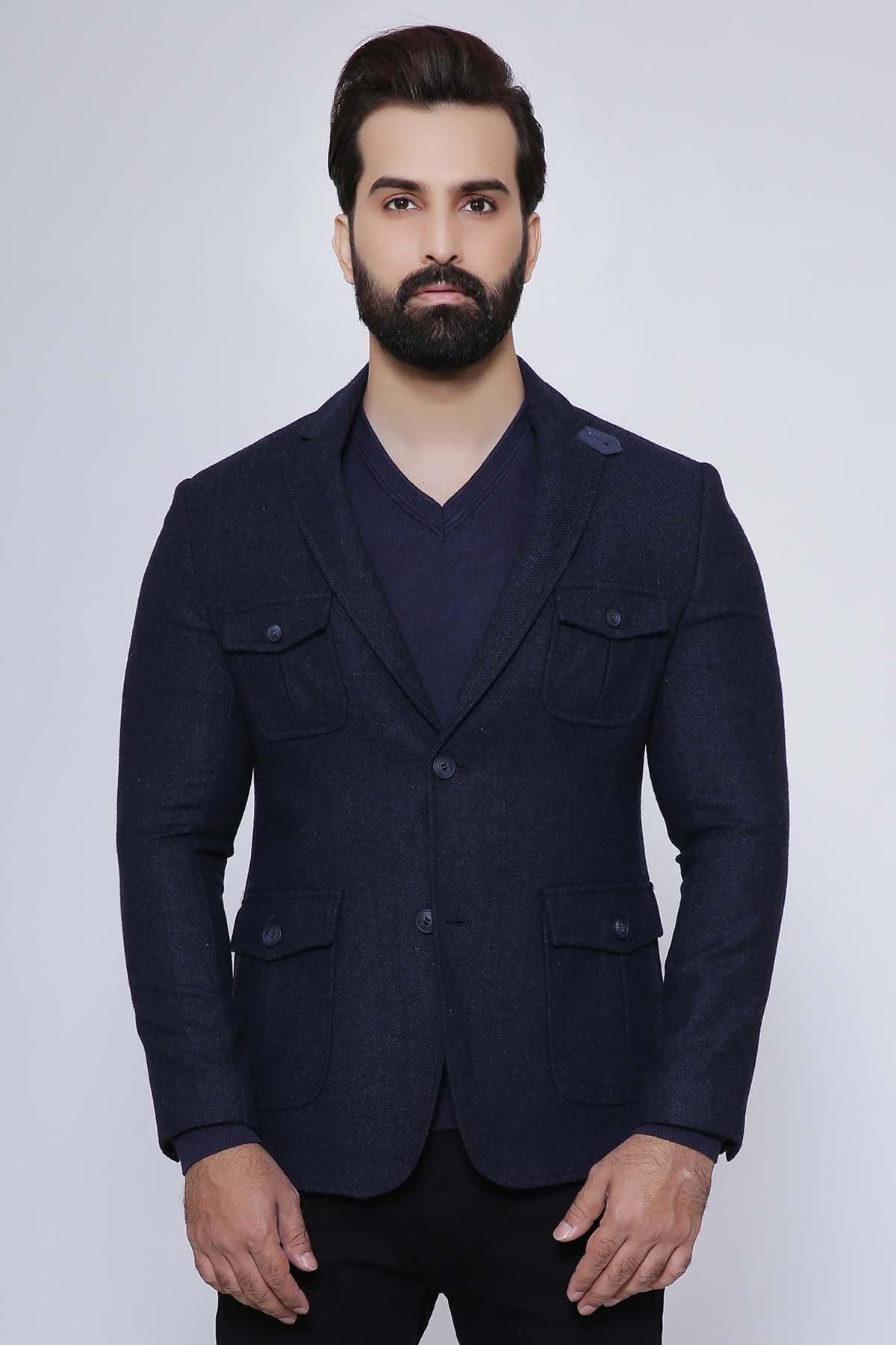 Navy slim-fit casual coat with flap chest pocket and front welt pockets