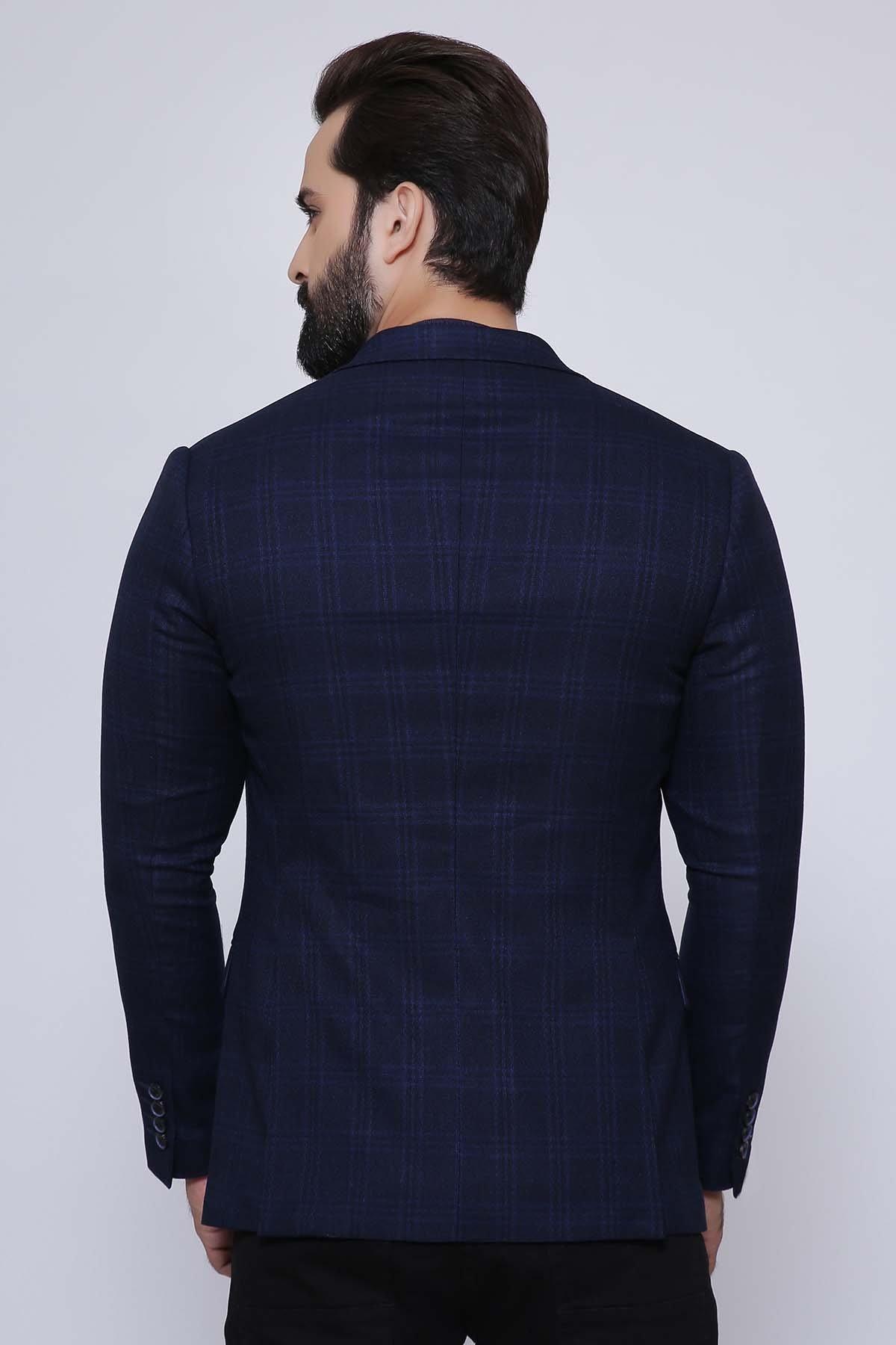 Navy slim-fit casual coat back view with turn-down collar and vent