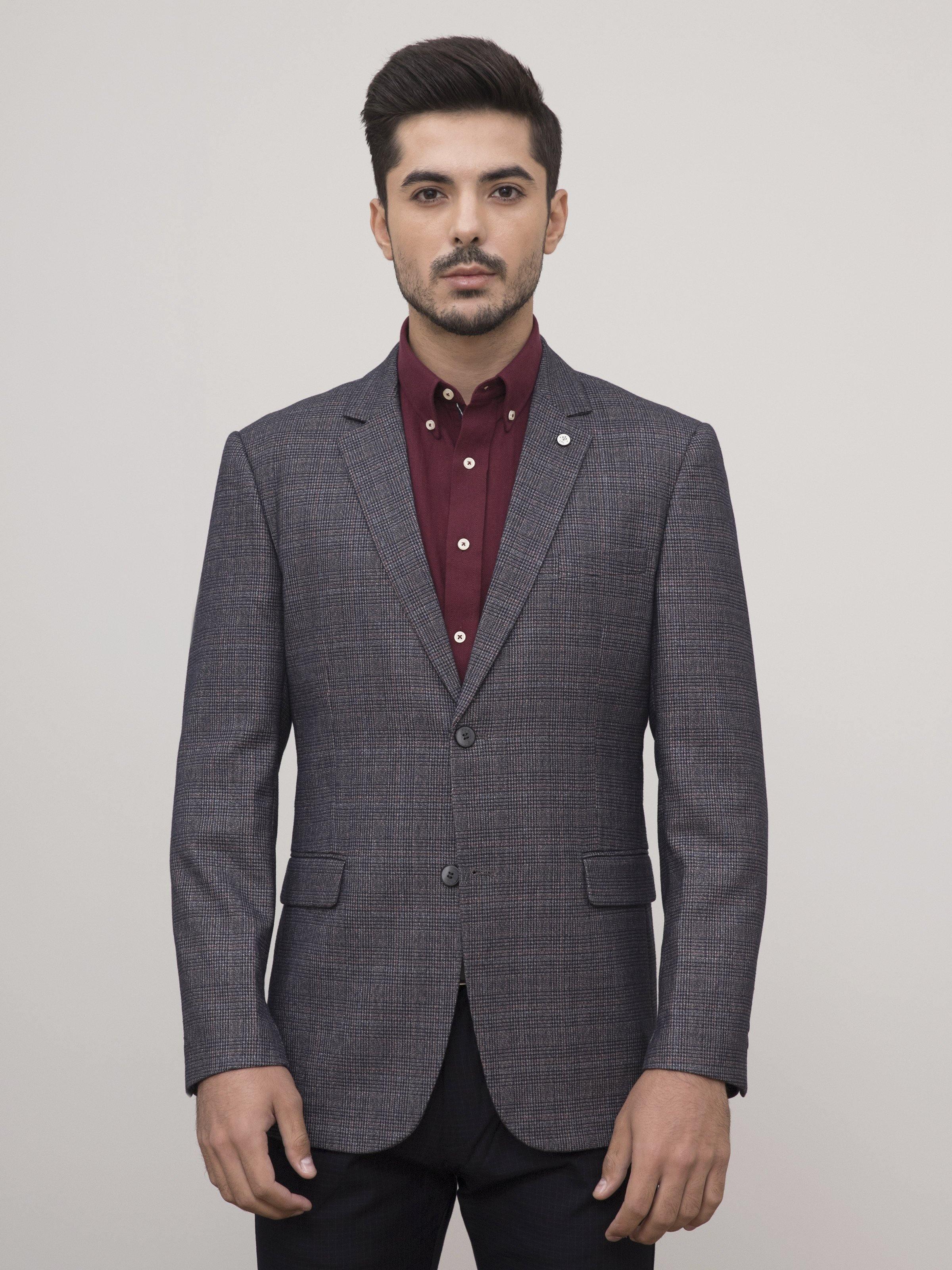 Blue-grey textured casual coat with notch lapels, flap pockets, and two-button front
