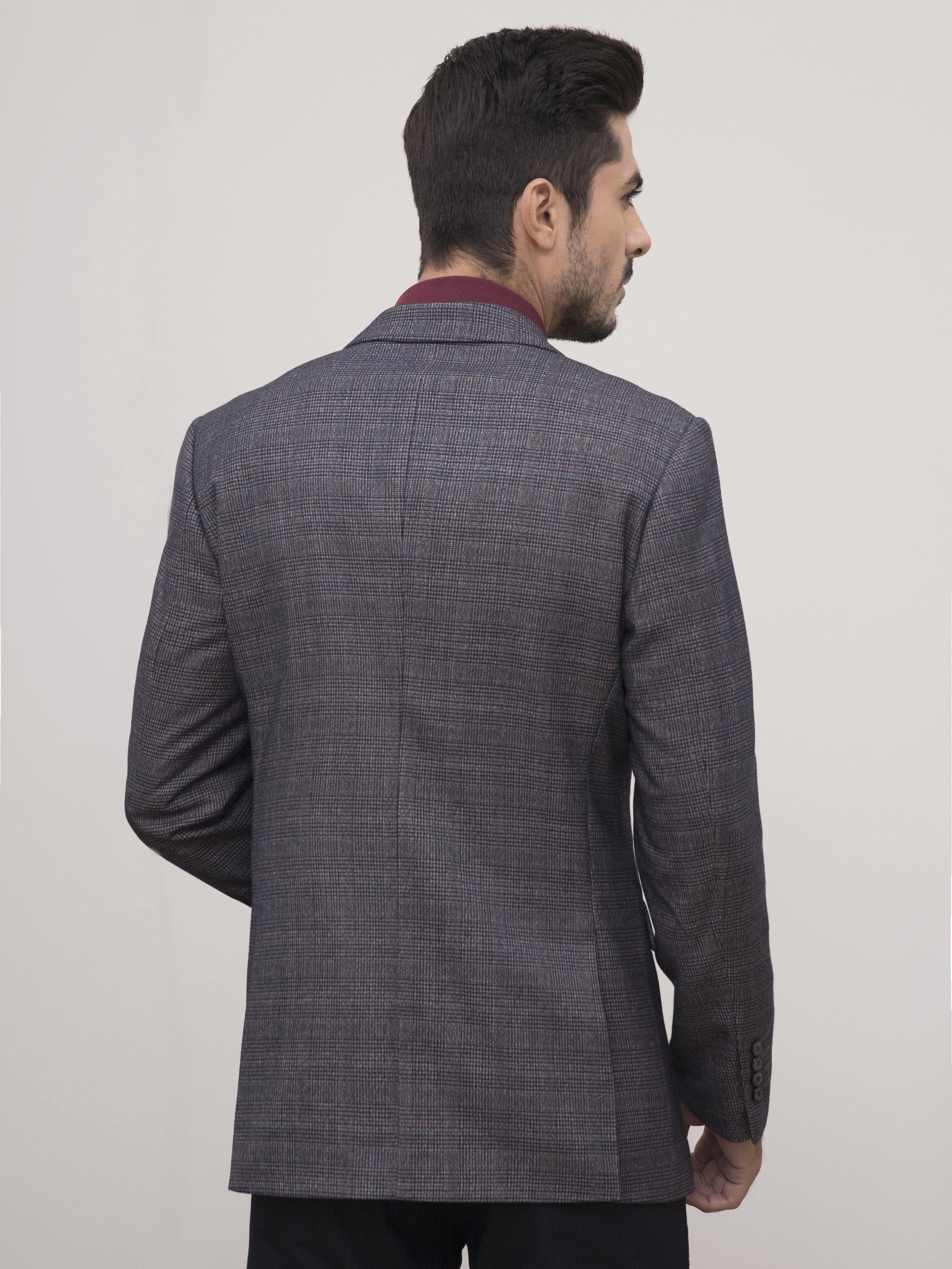 Blue-grey casual coat back view with structured shoulders and center seam