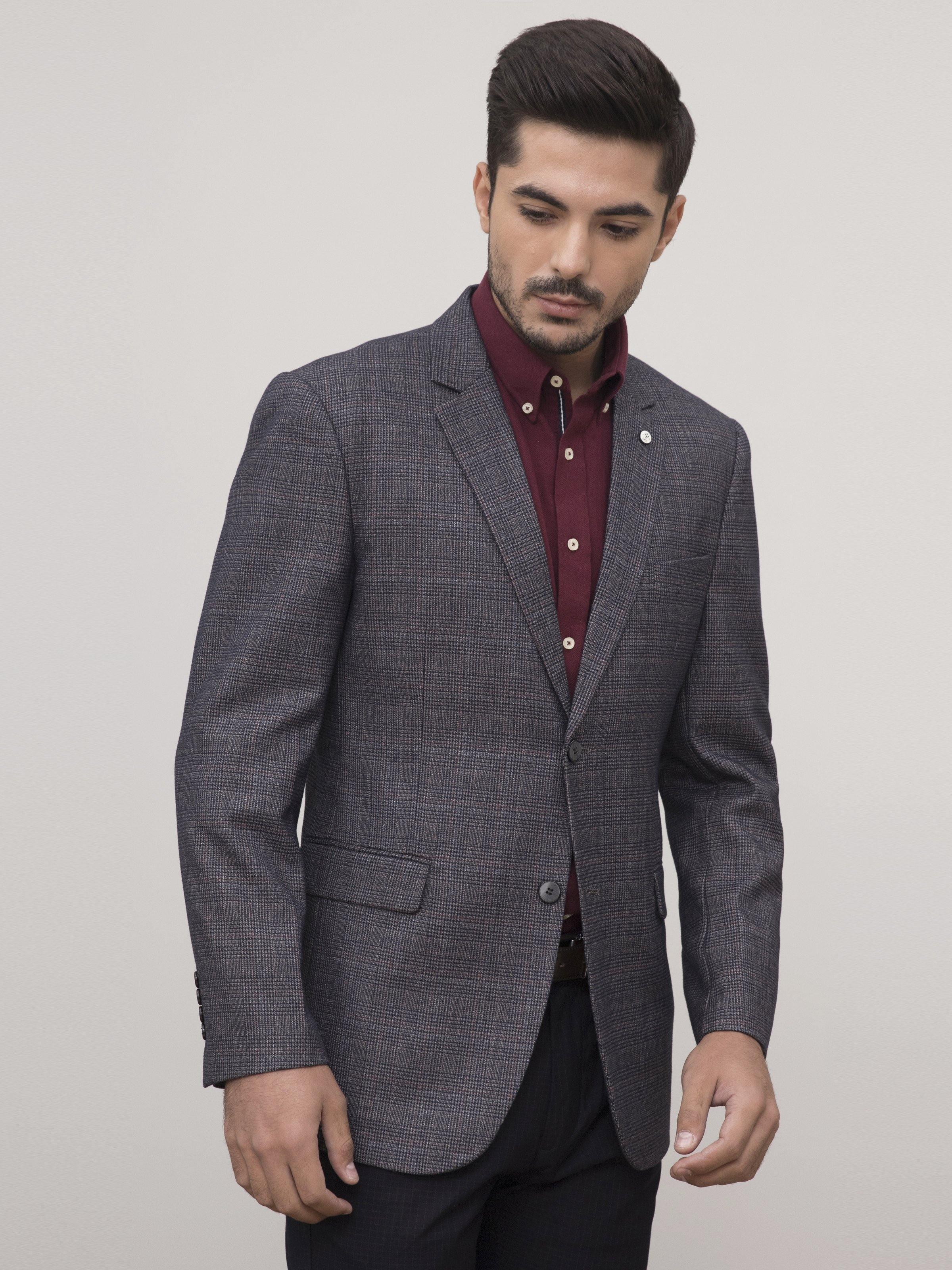 Blue-grey textured casual coat with notch lapels and flap pockets, single-breasted