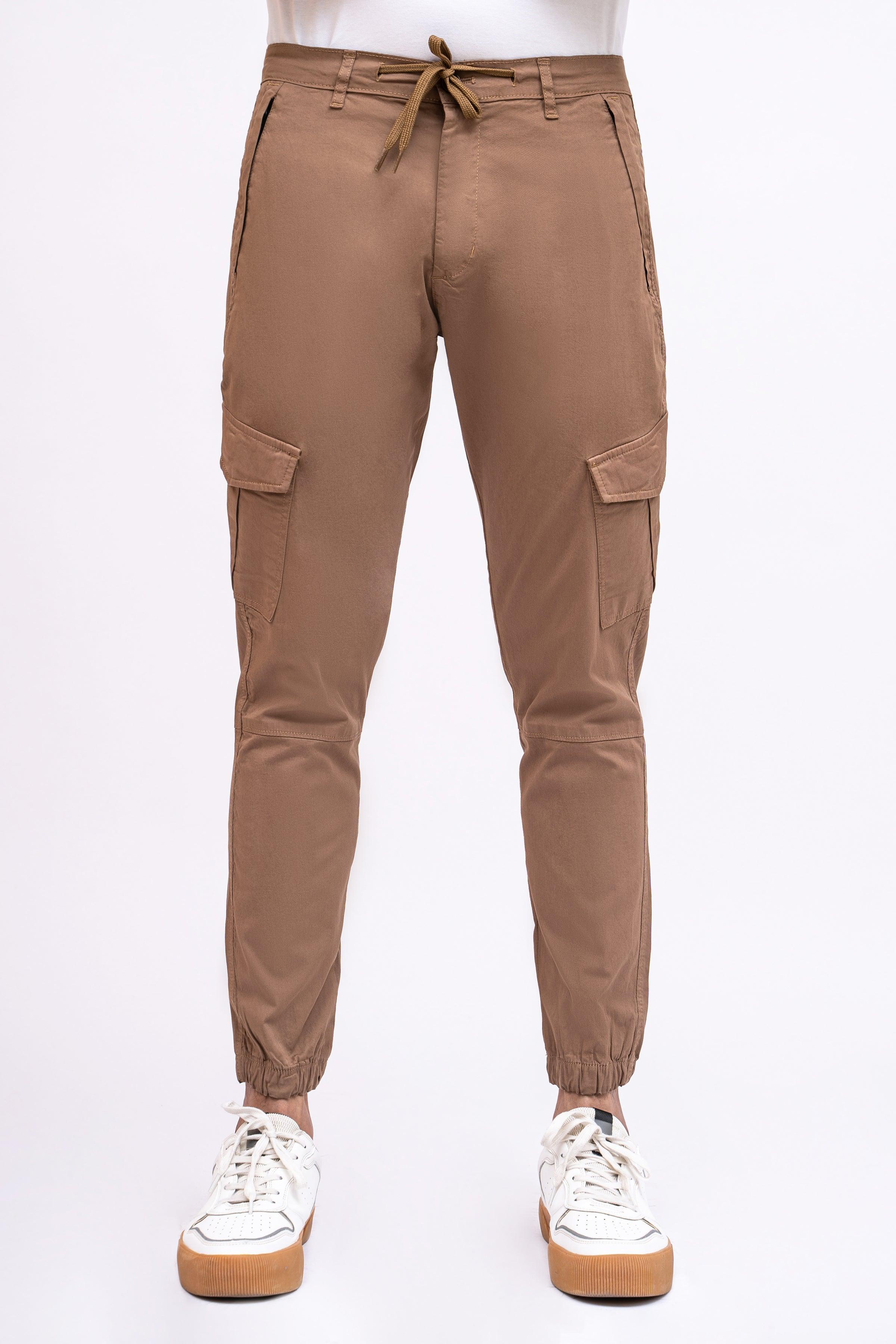 Dark khaki cargo jogger trousers with drawstring waist and front cargo pockets