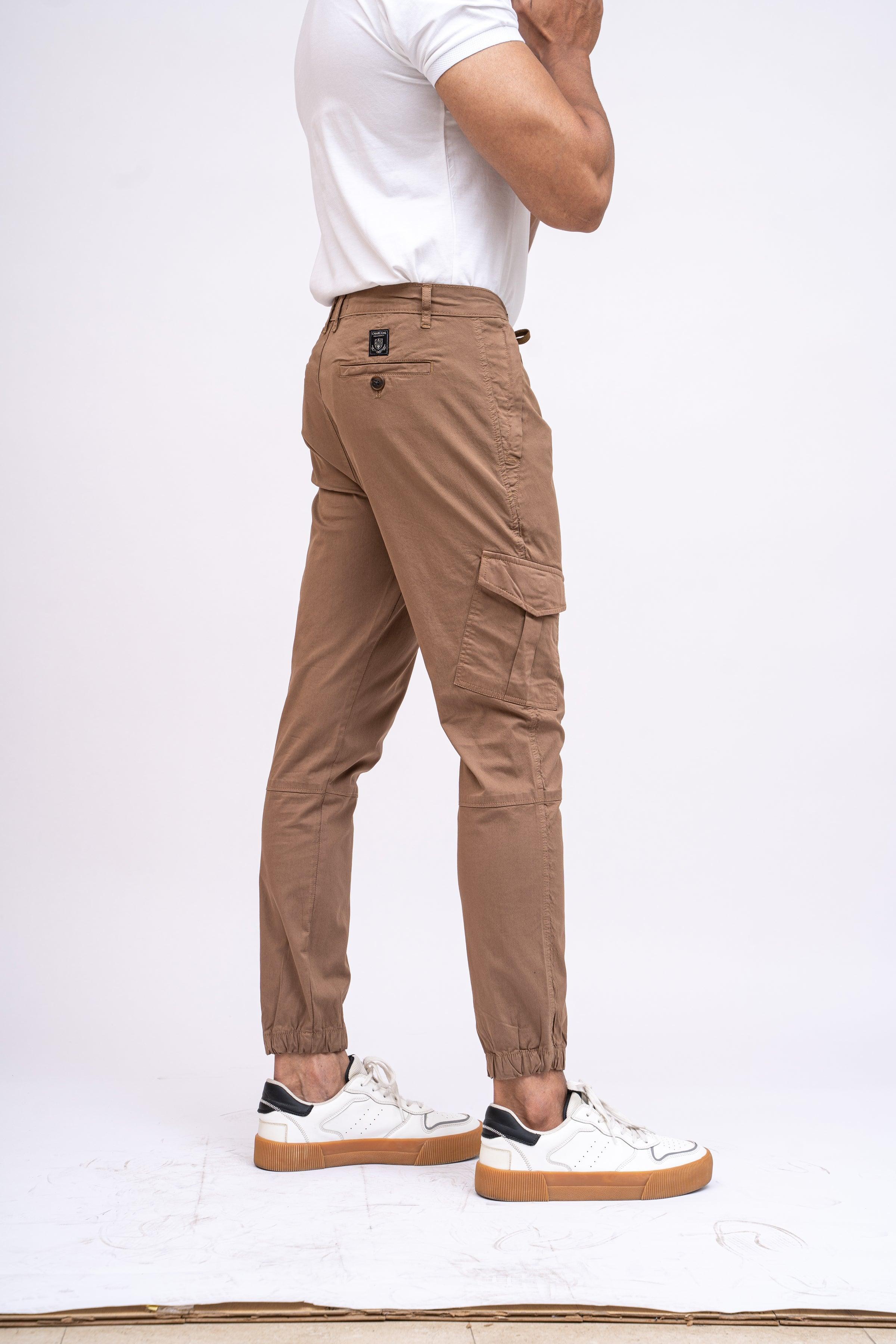 Dark khaki cargo jogger trousers with cuffed ankle and side cargo pocket