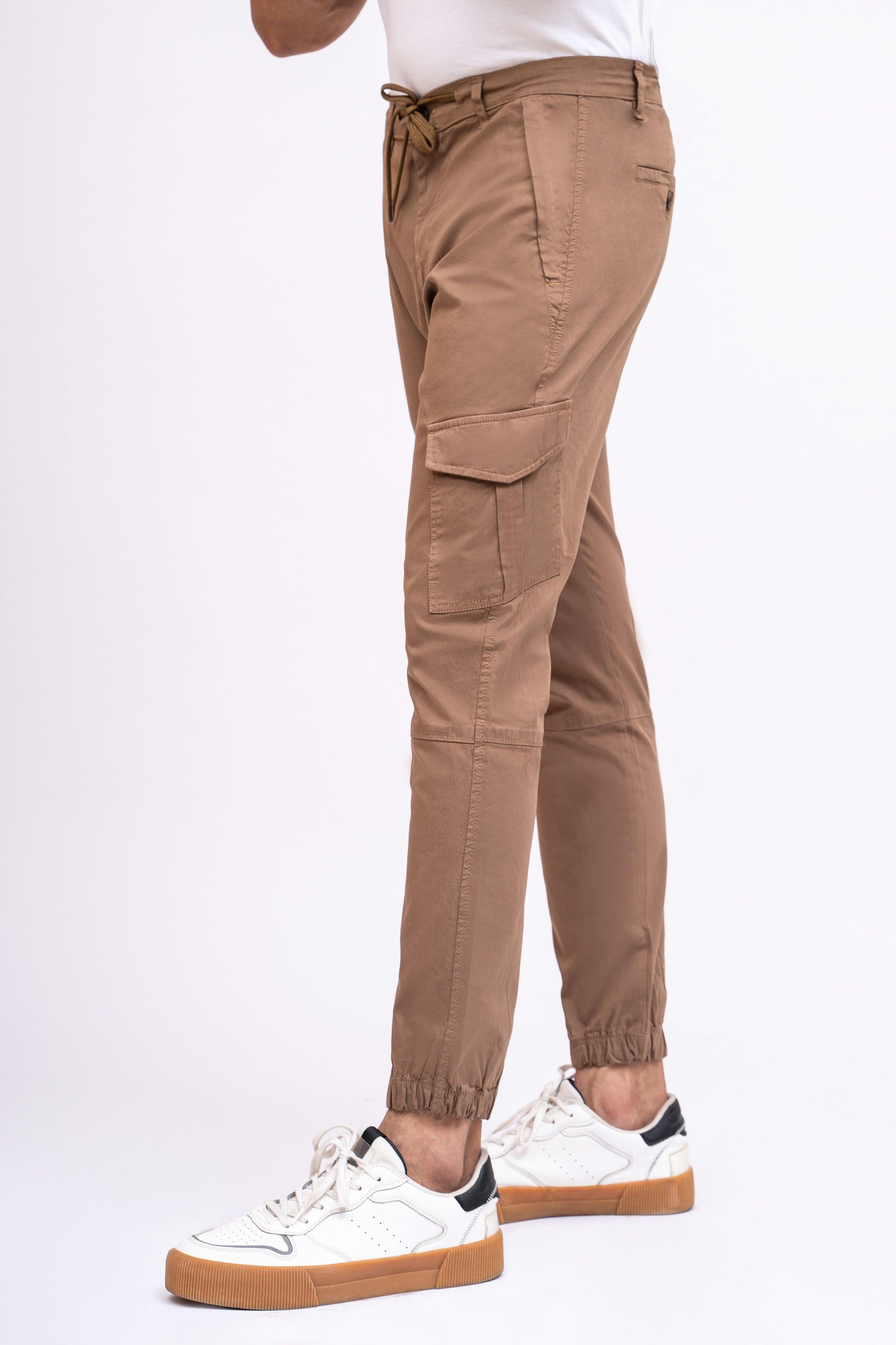 Dark khaki cargo jogger trousers with adjustable drawstring hem and side pockets